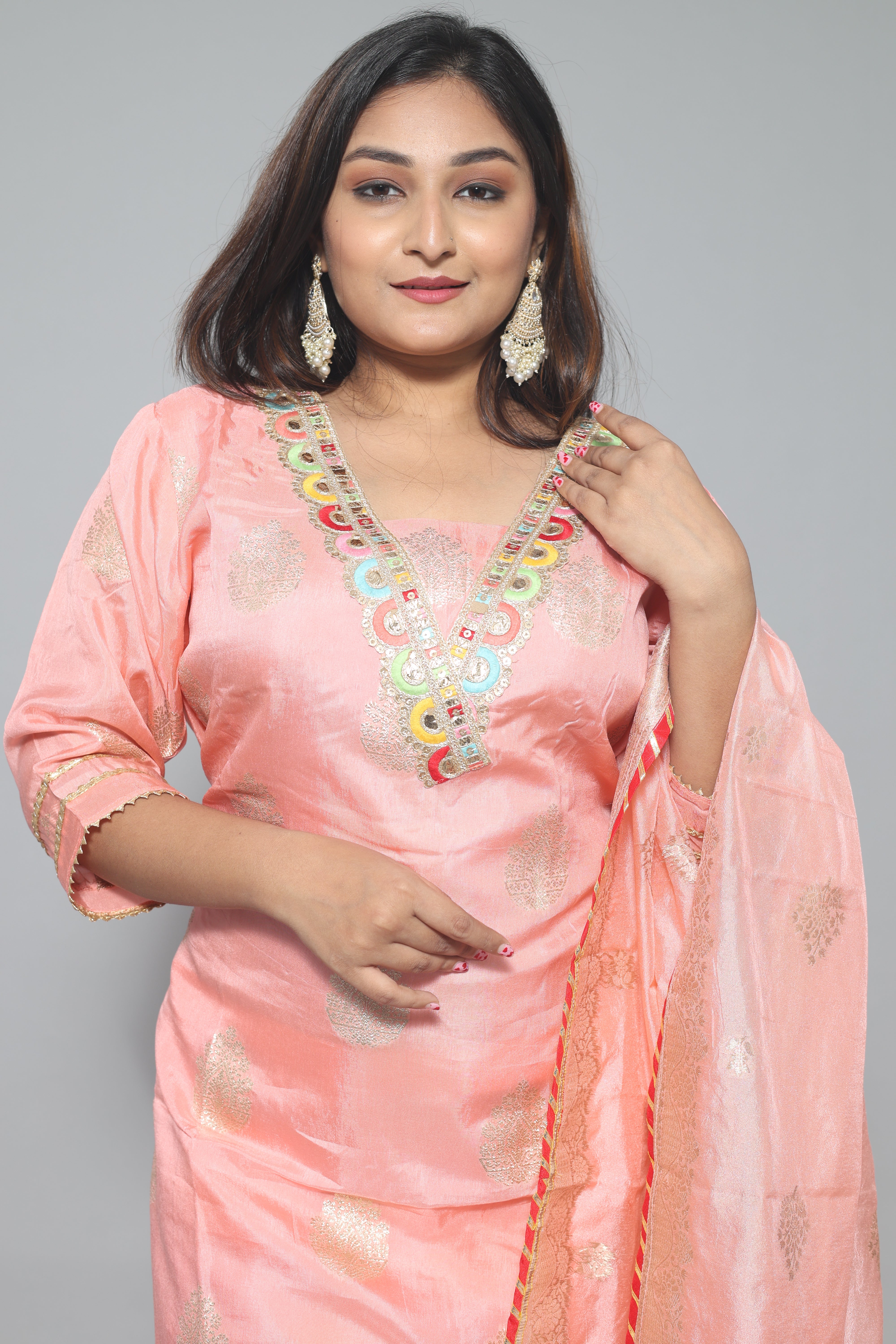 Peach Color Dola Silk Hand Embroidery Suit Set