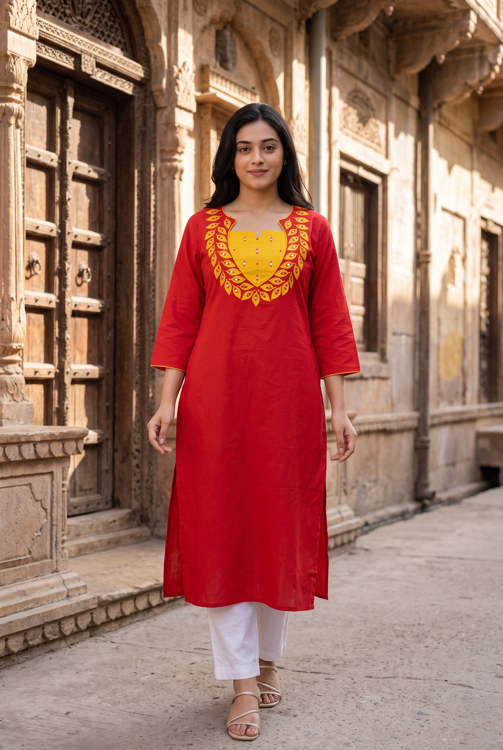 Red Yellow Embroidered Cotton Kurta