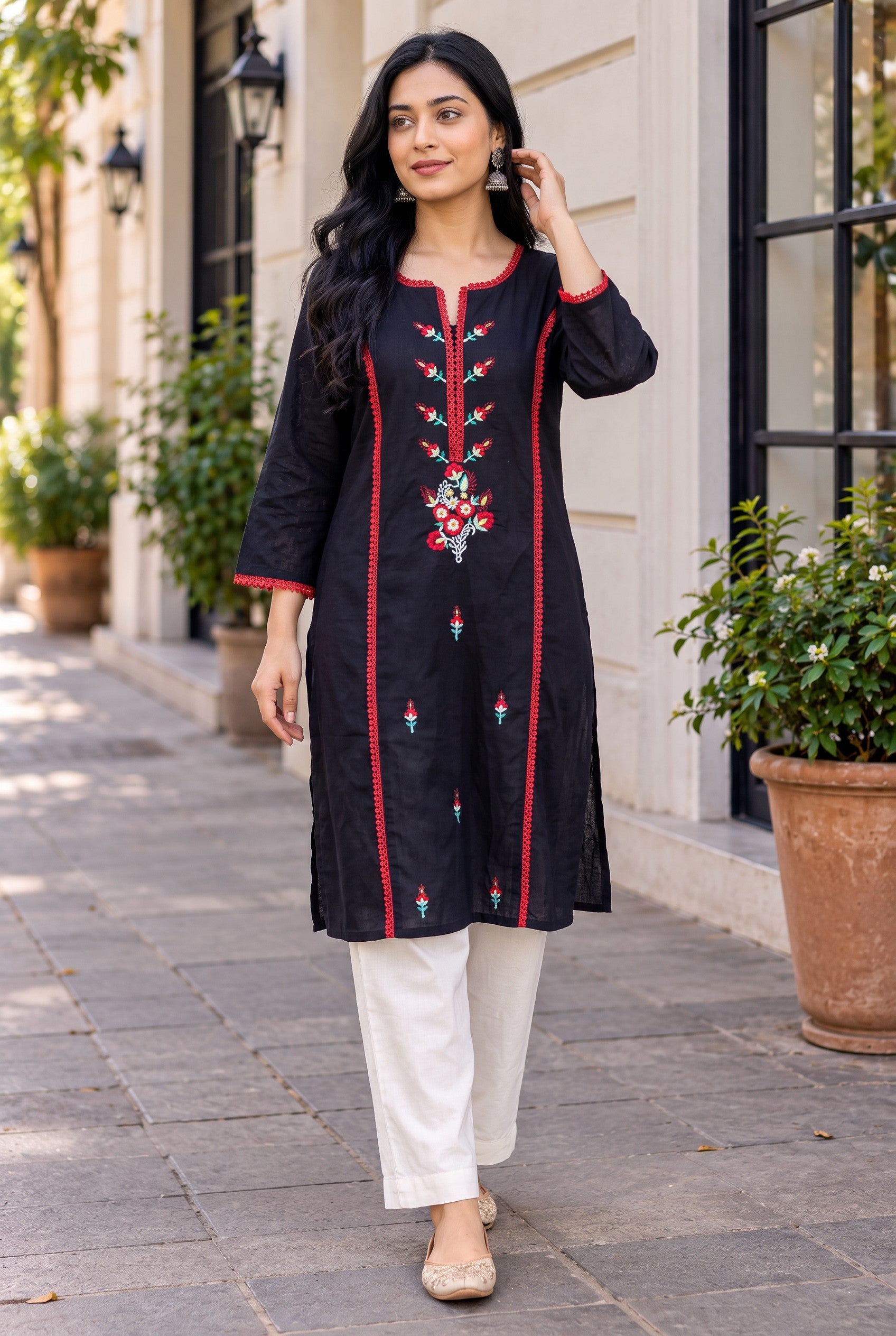 Black Cotton Embroidered Long Kurta