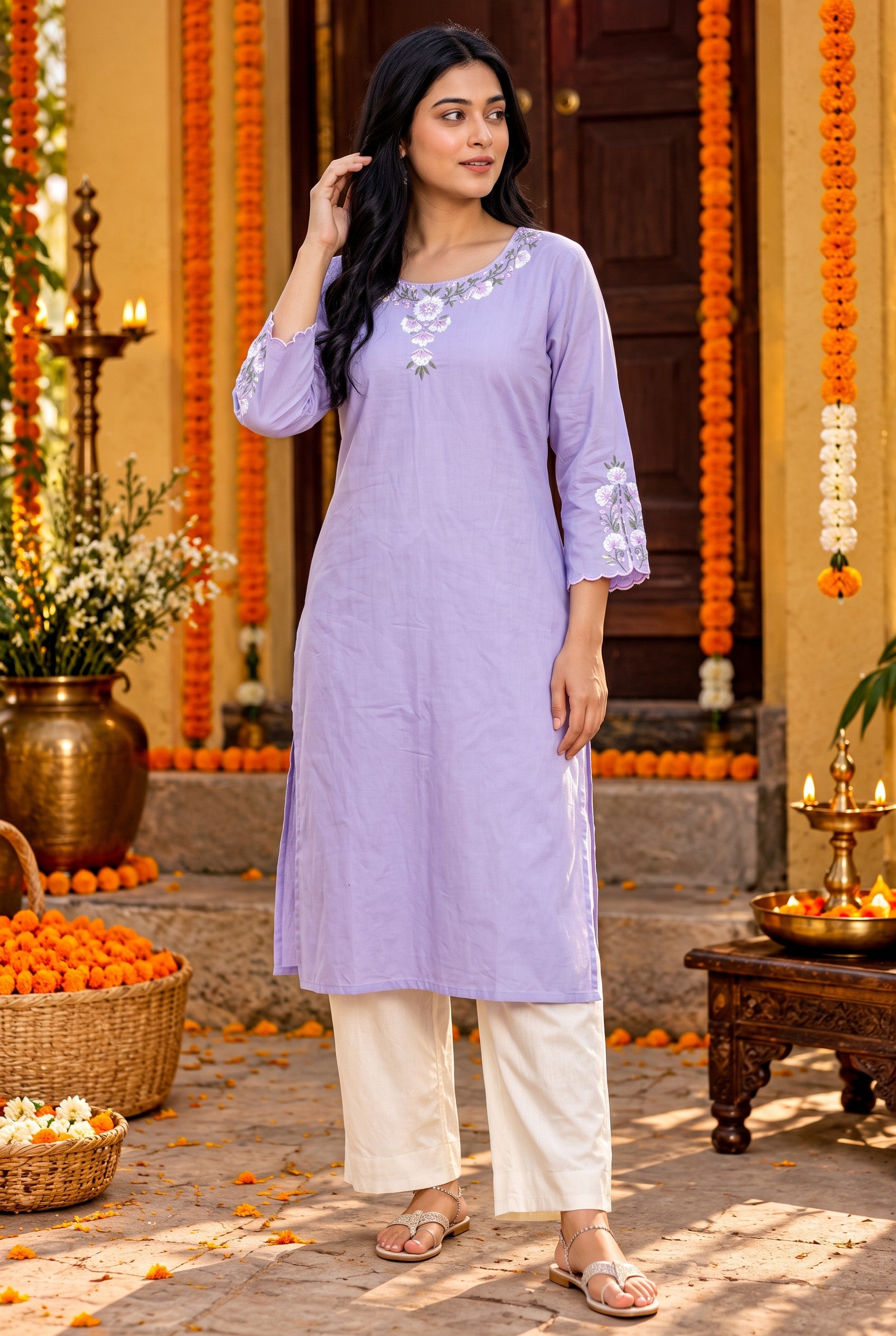 Lavender Colour Cotton Embroidered Kurta
