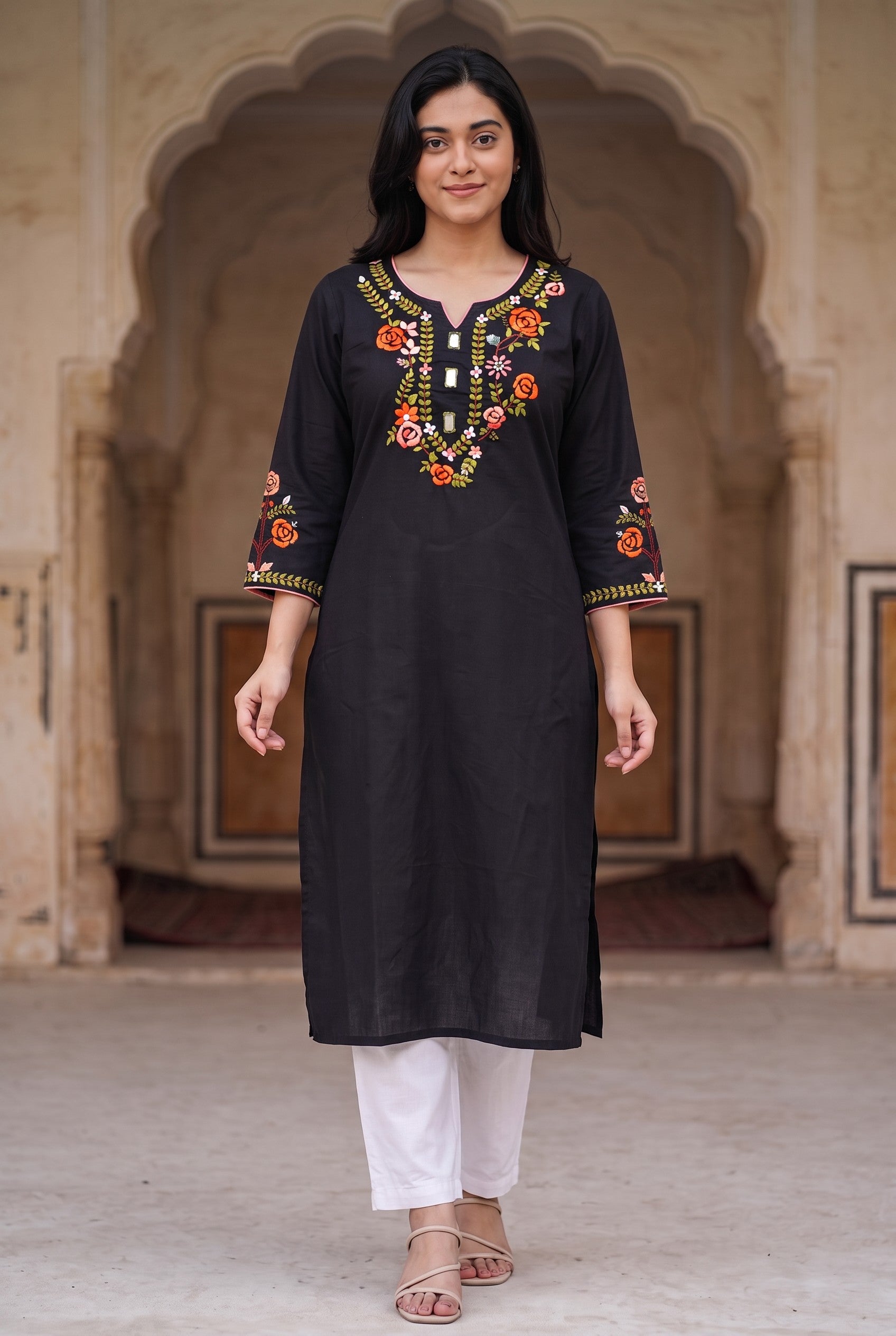 Black Hand Embroidered Cotton Kurta