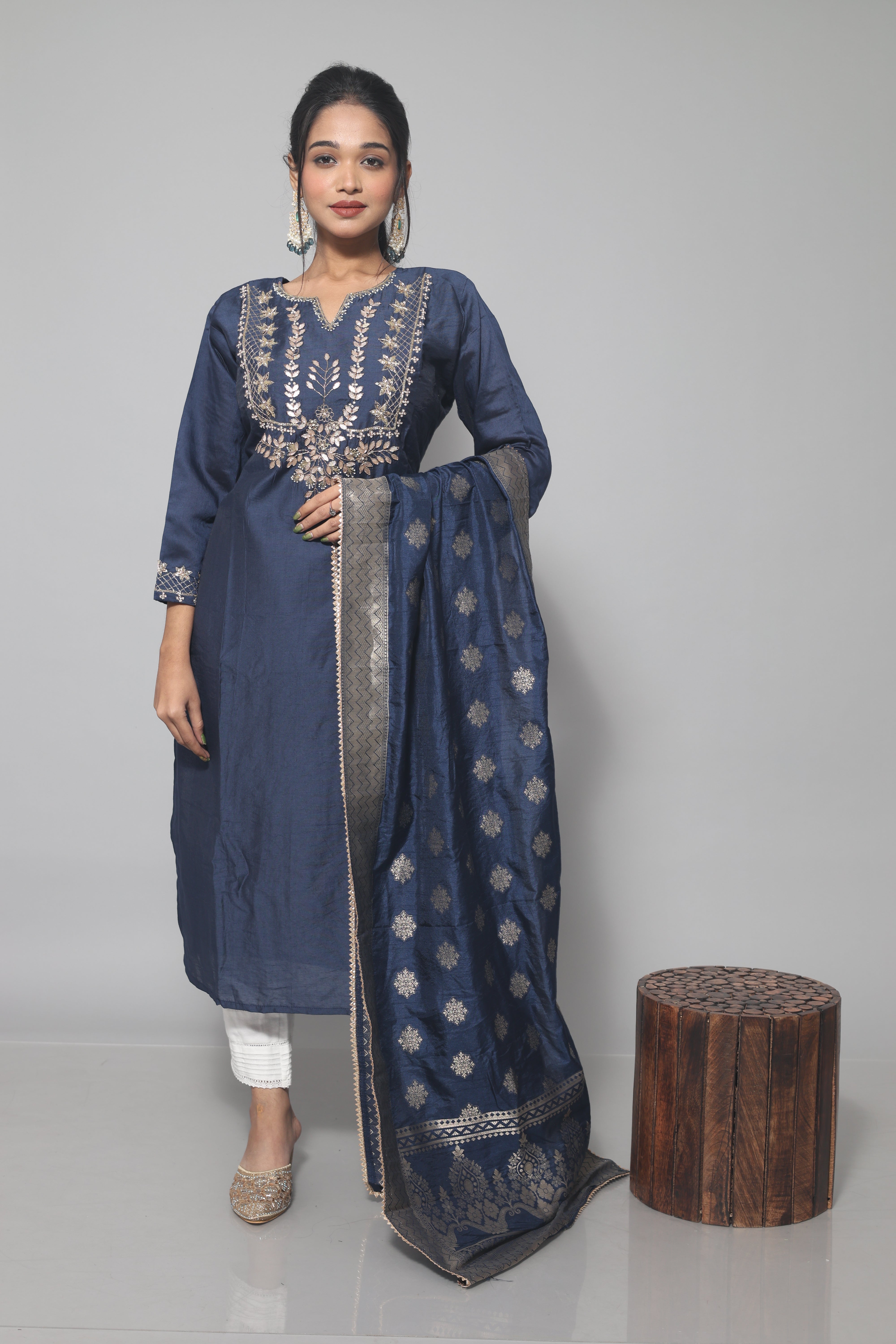 Mid Night Blue Dola Silk Handwork Kurta With Dupatta – chicly