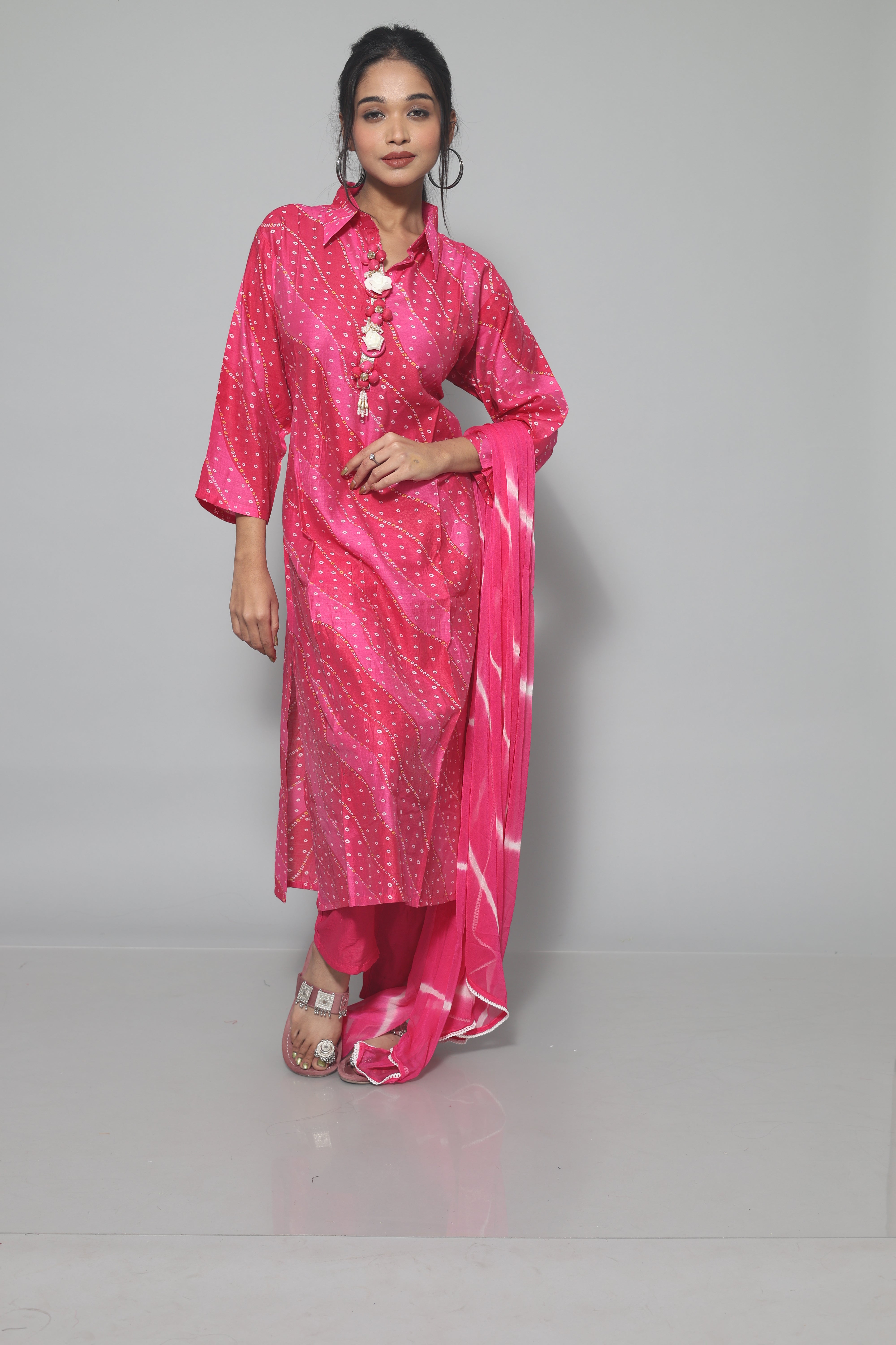Rani pink laheria print dola silk suit set with exquisite handwork
