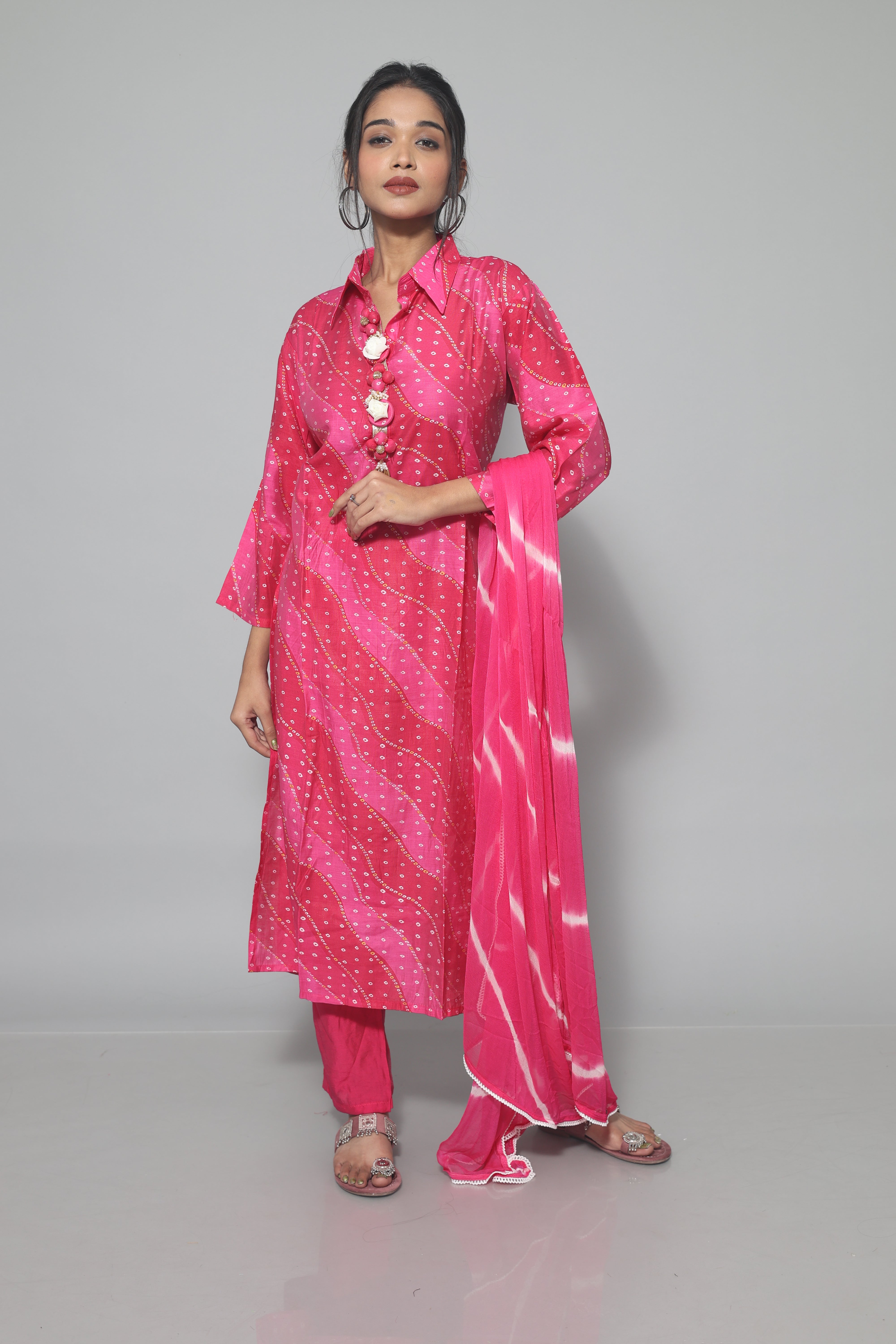 Rani Pink Color Laheria Print Dola Silk Suit Set
