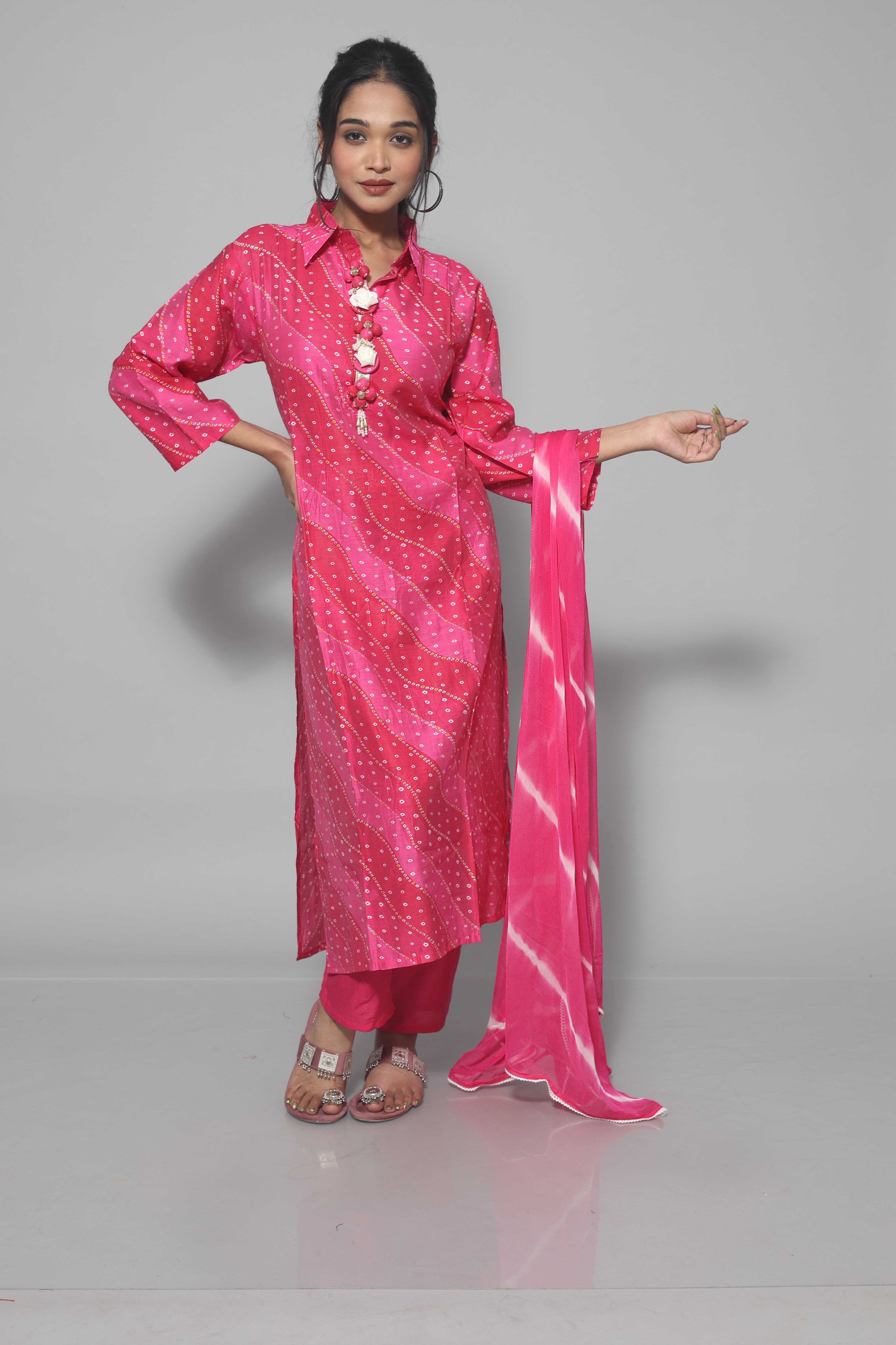 Rani Pink Color Laheria Print Dola Silk Suit Set