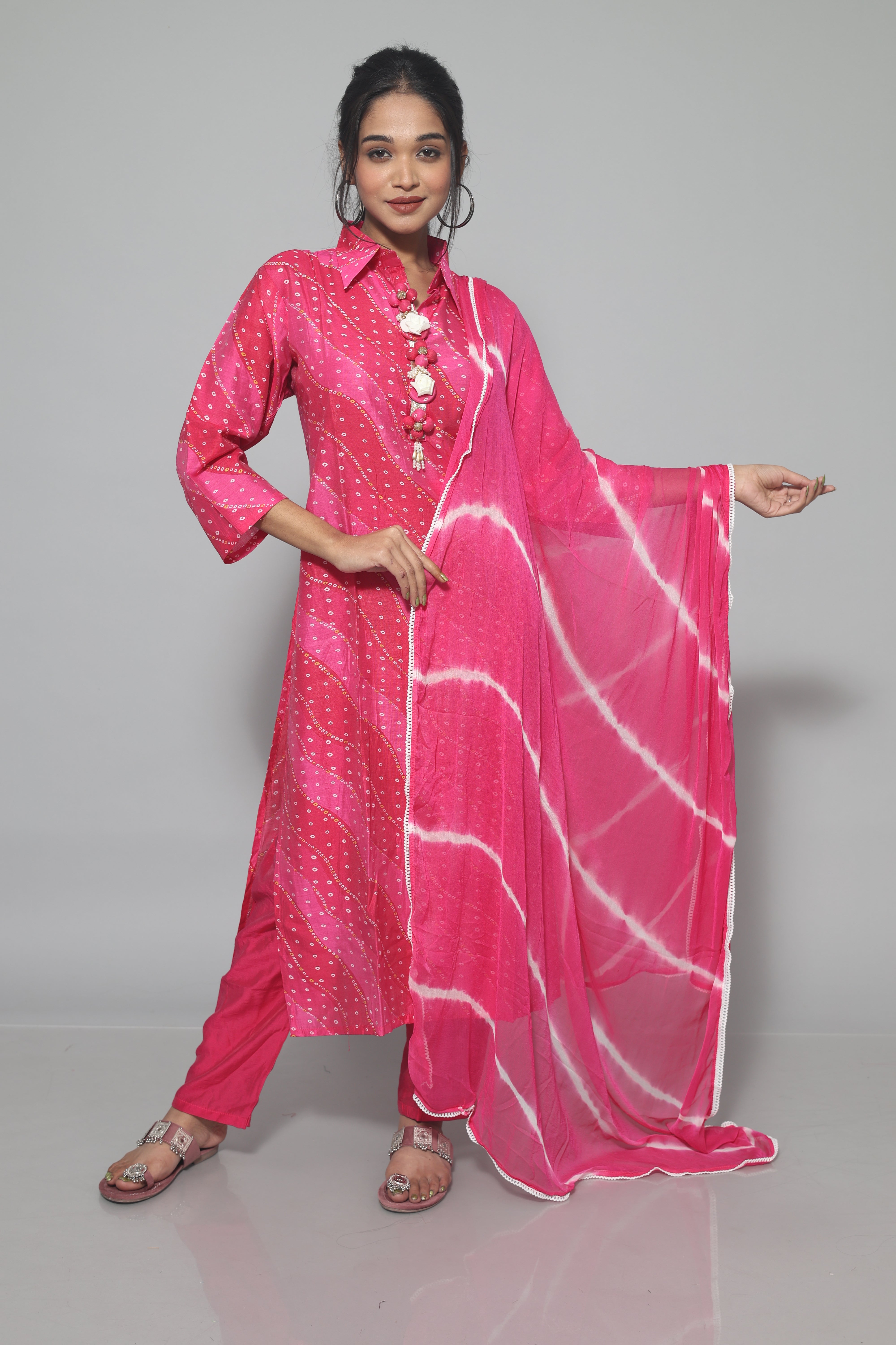 Rani Pink Color Laheria Print Dola Silk Suit Set
