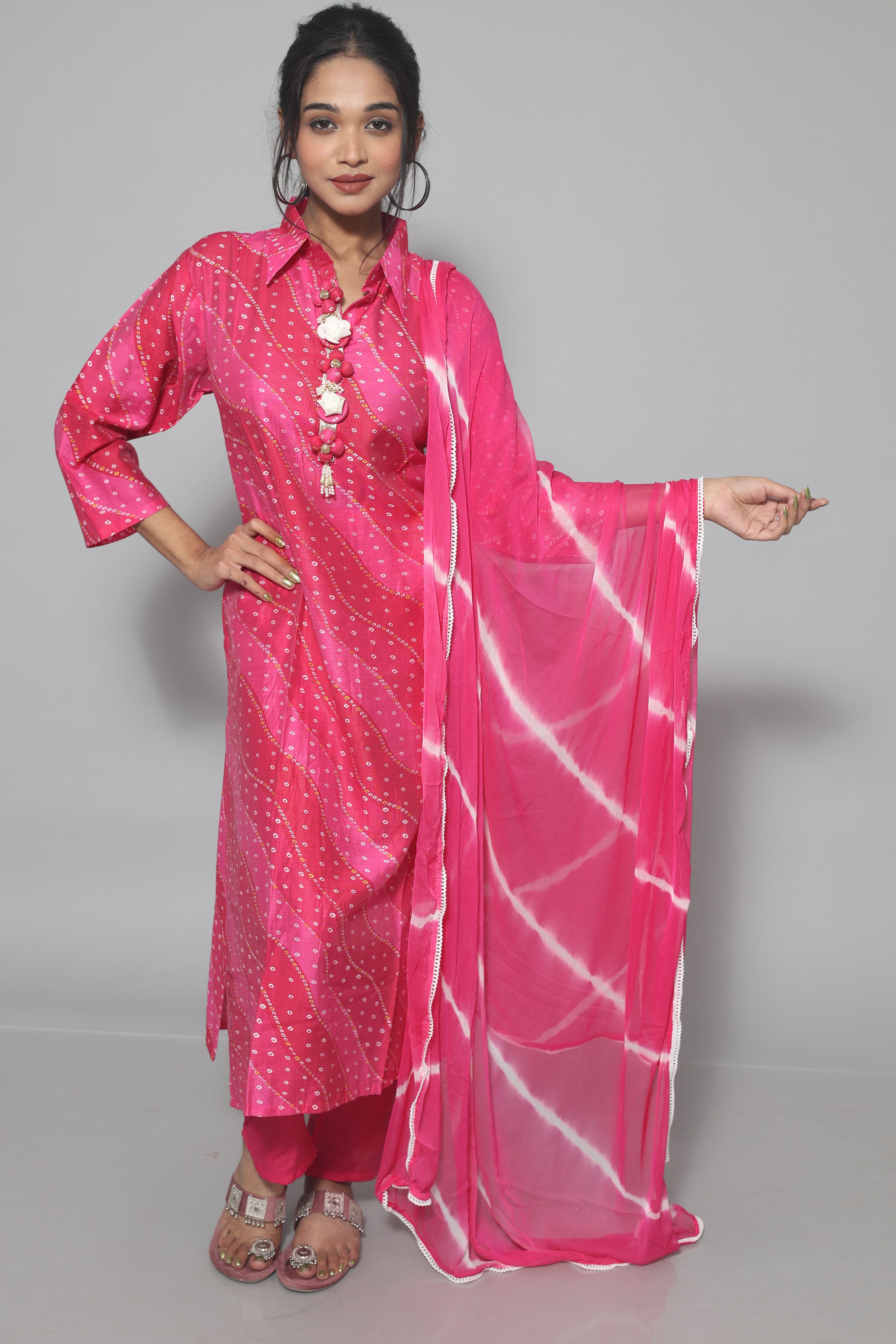 Rani Pink Color Laheria Print Dola Silk Suit Set