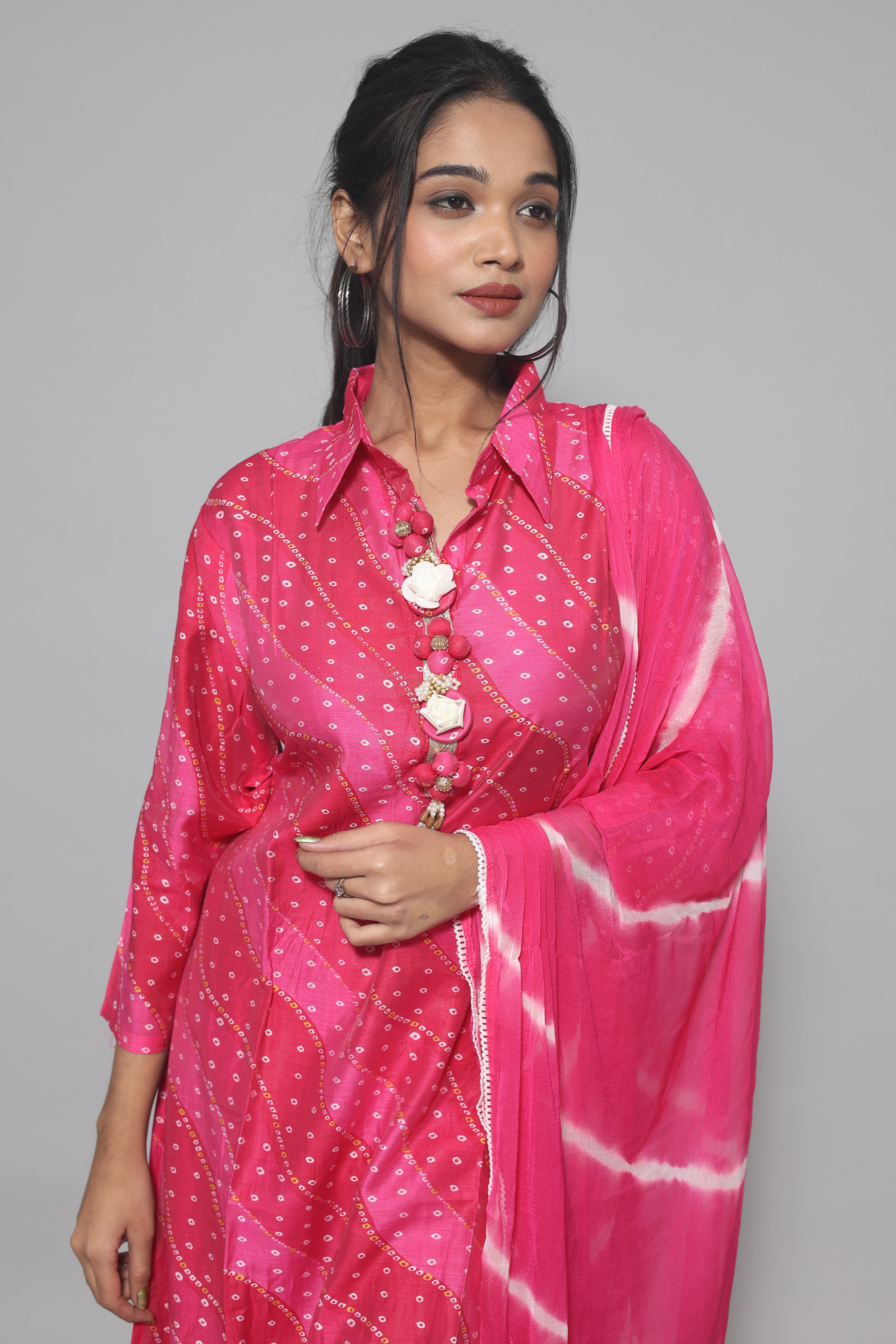 Rani Pink Color Laheria Print Dola Silk Suit Set