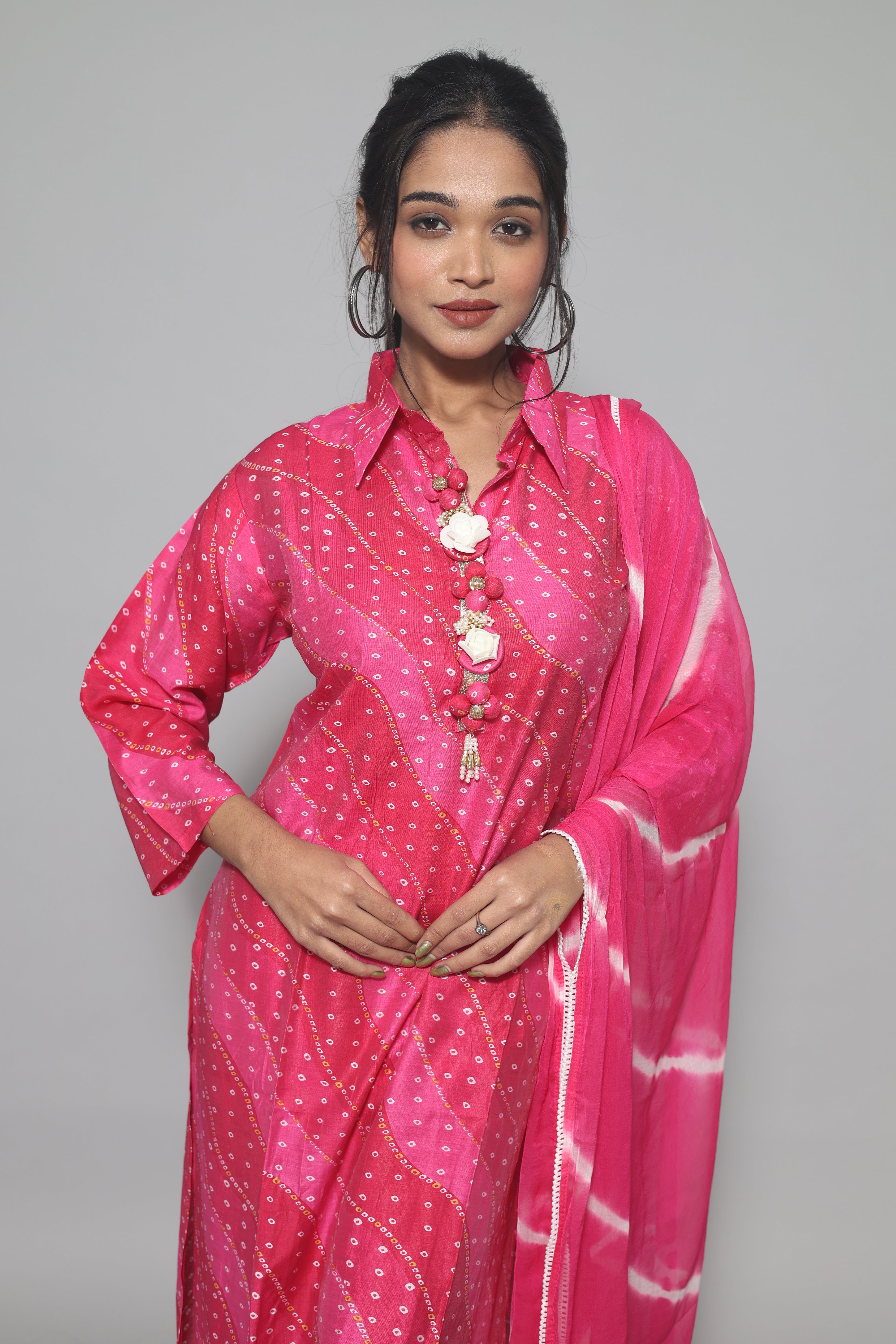 Rani Pink Color Laheria Print Dola Silk Suit Set