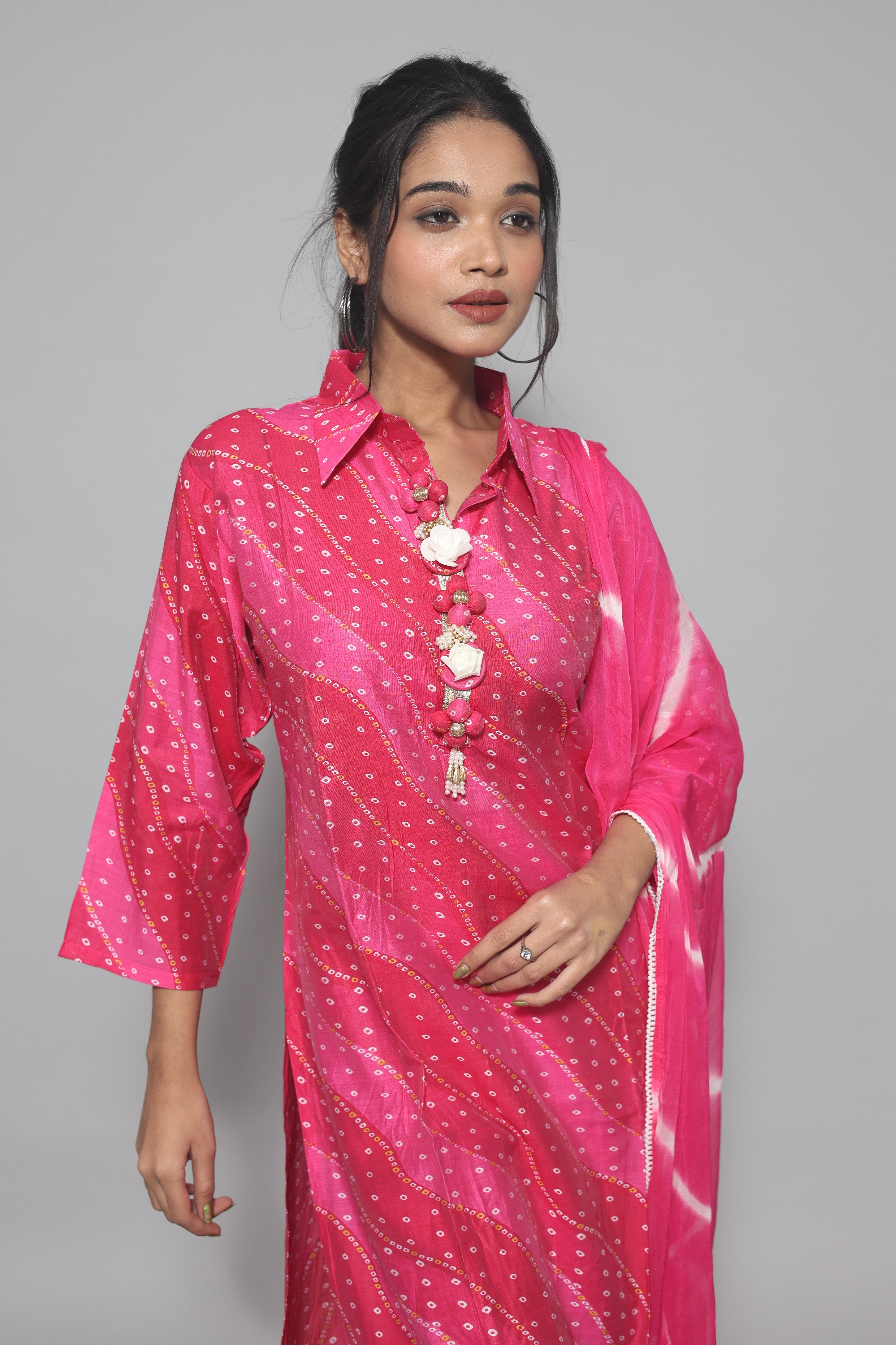 Rani Pink Color Laheria Print Dola Silk Suit Set