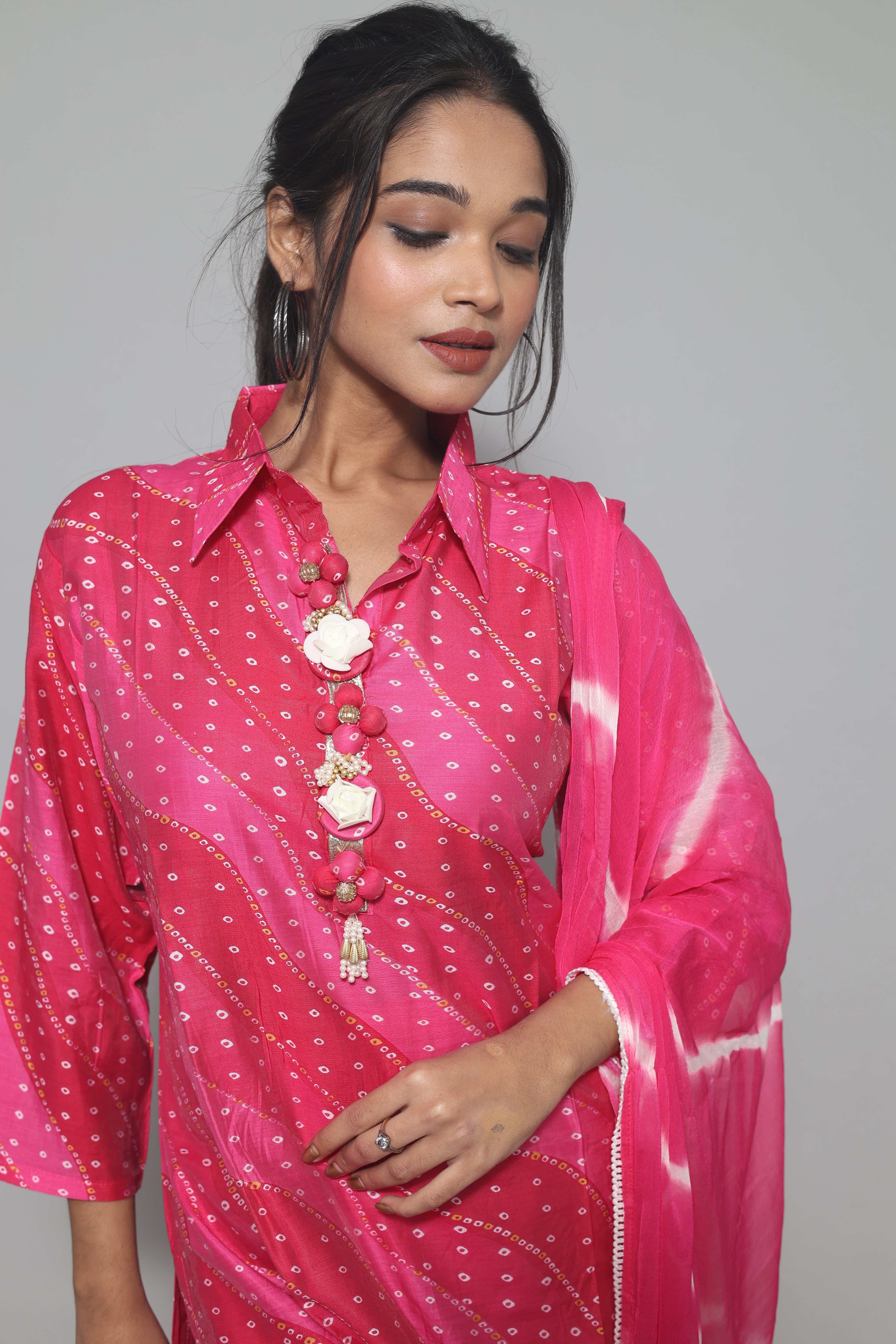 Rani Pink Color Laheria Print Dola Silk Suit Set