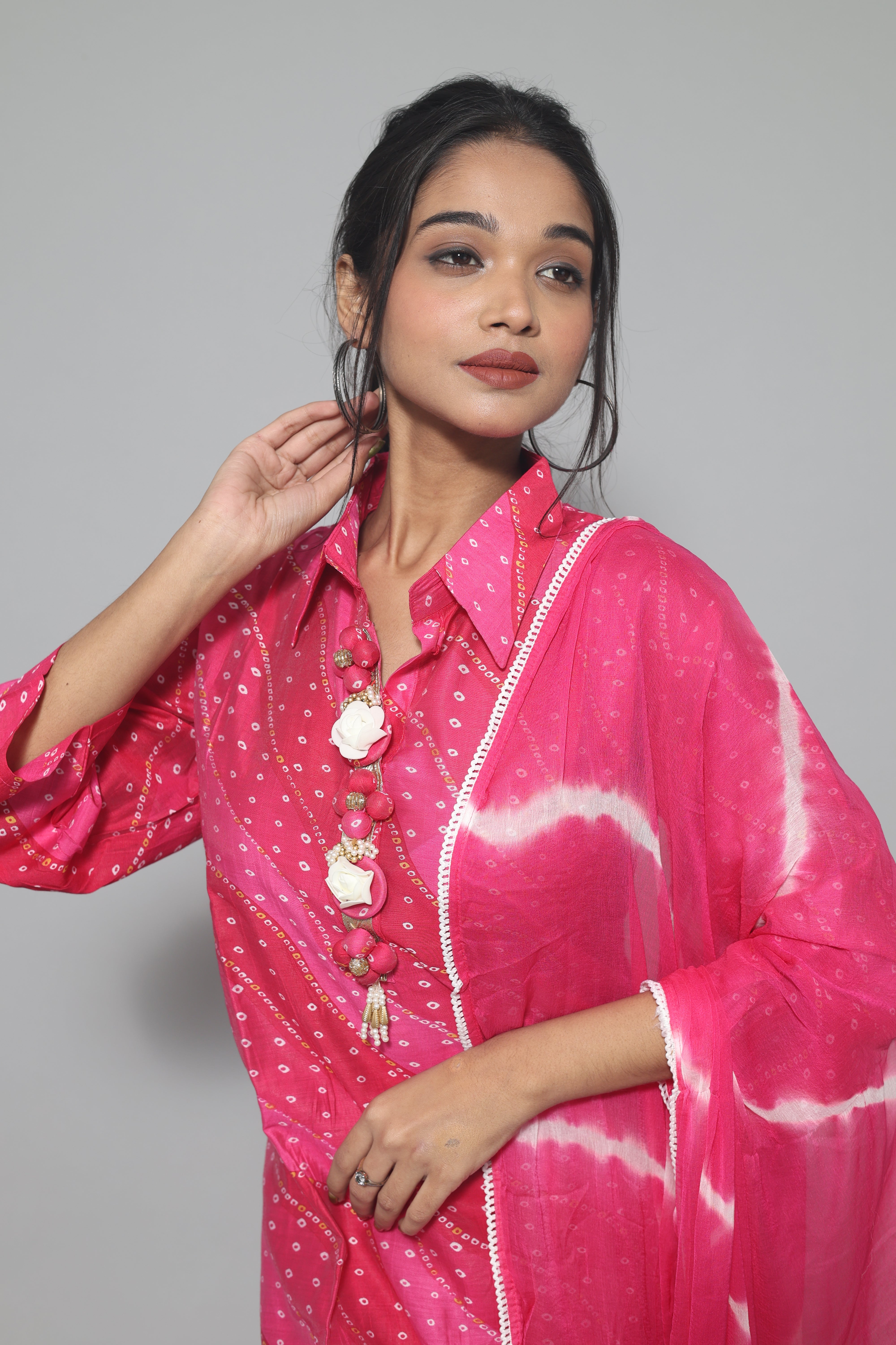 Rani Pink Color Laheria Print Dola Silk Suit Set