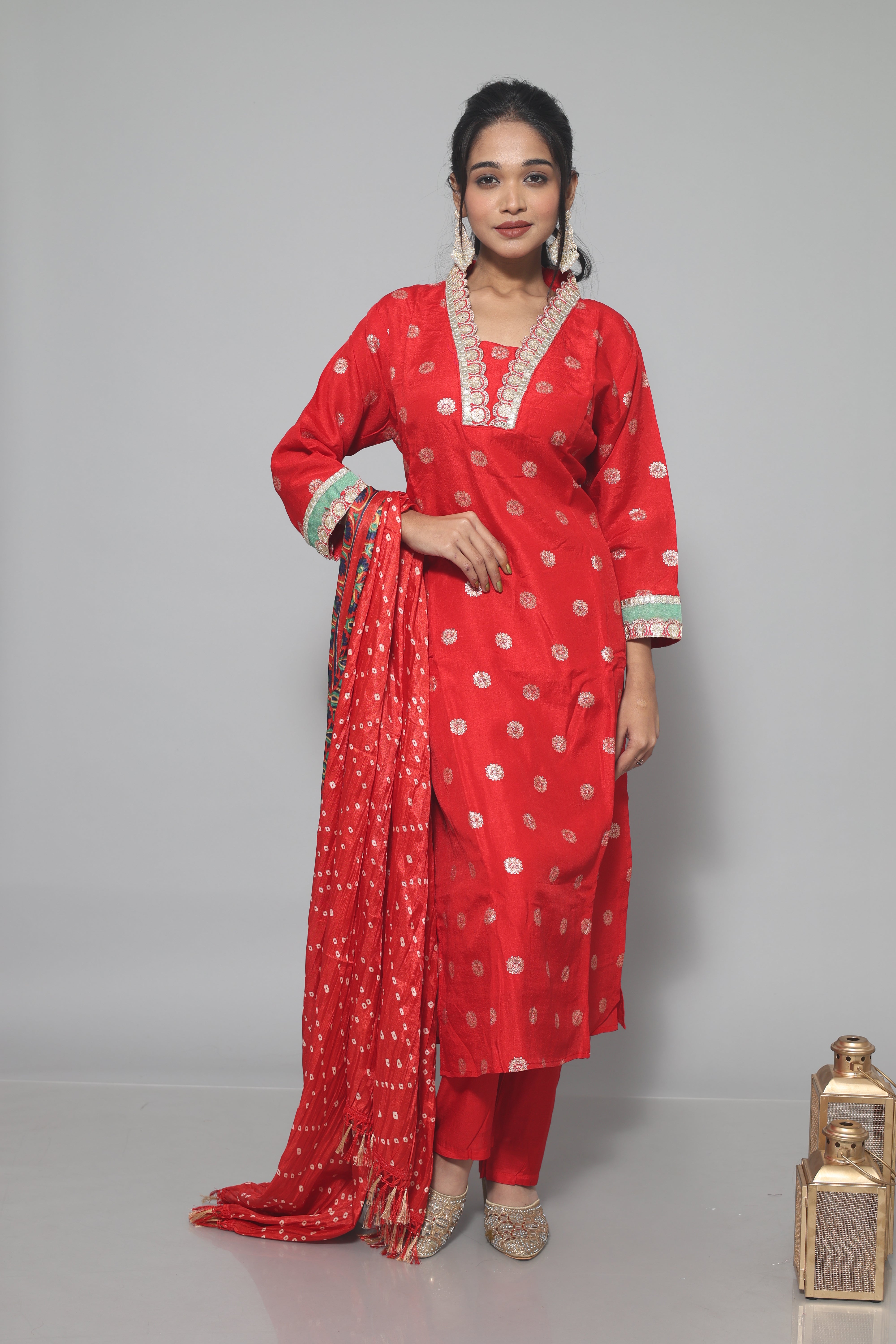 Red Dola Silk Handwork Suit Set