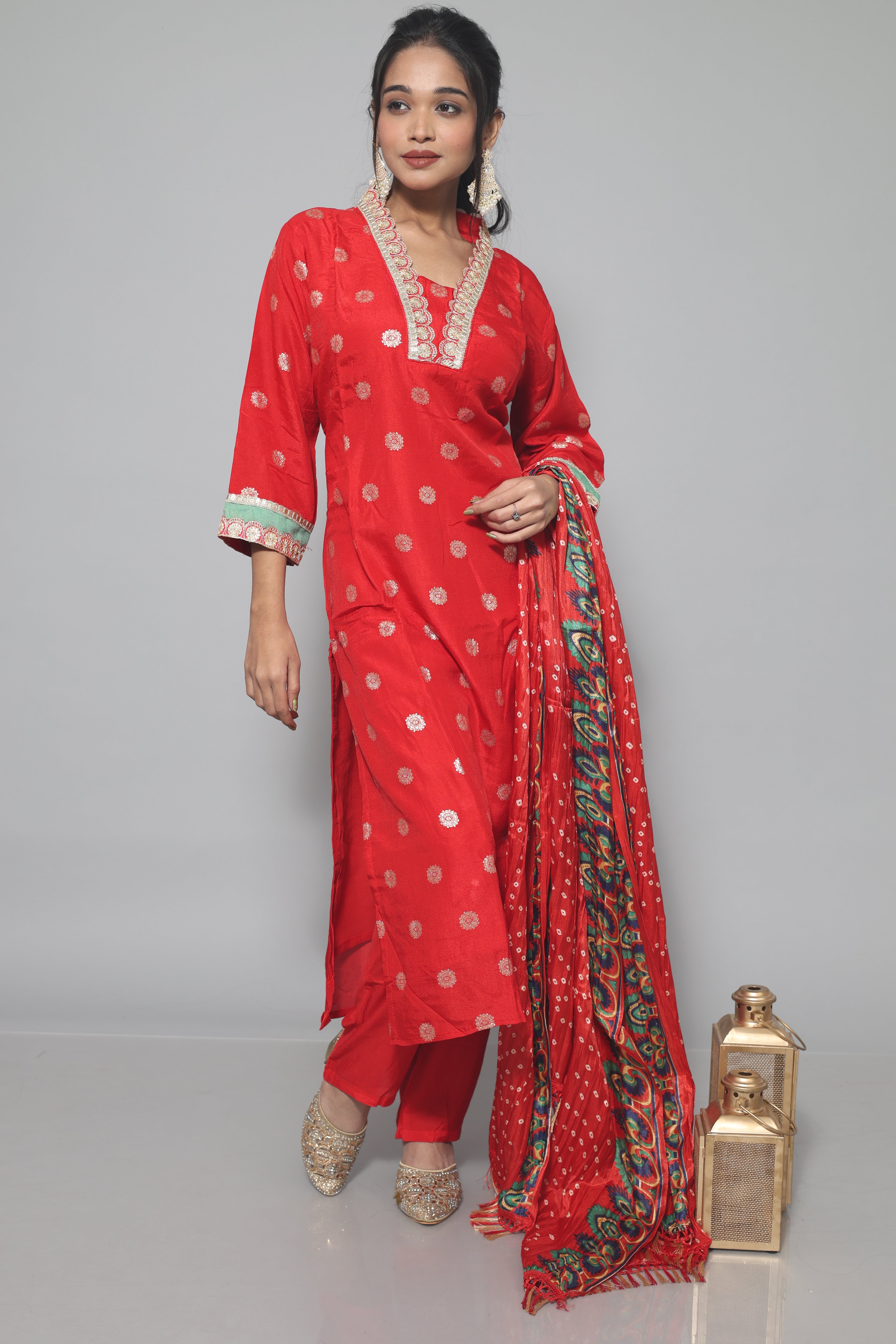 Red Dola Silk Handwork Suit Set