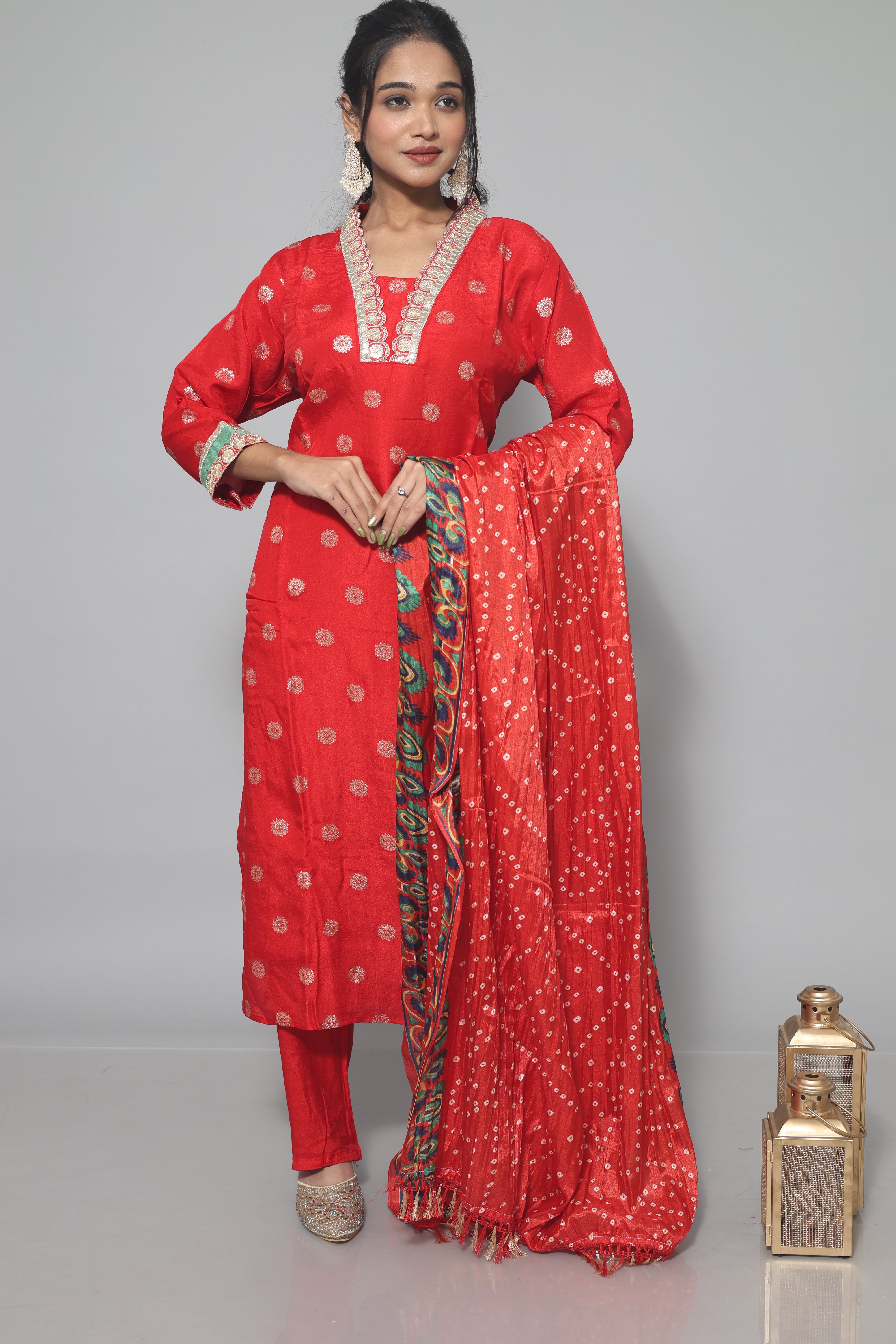 Red Dola Silk Handwork Suit Set