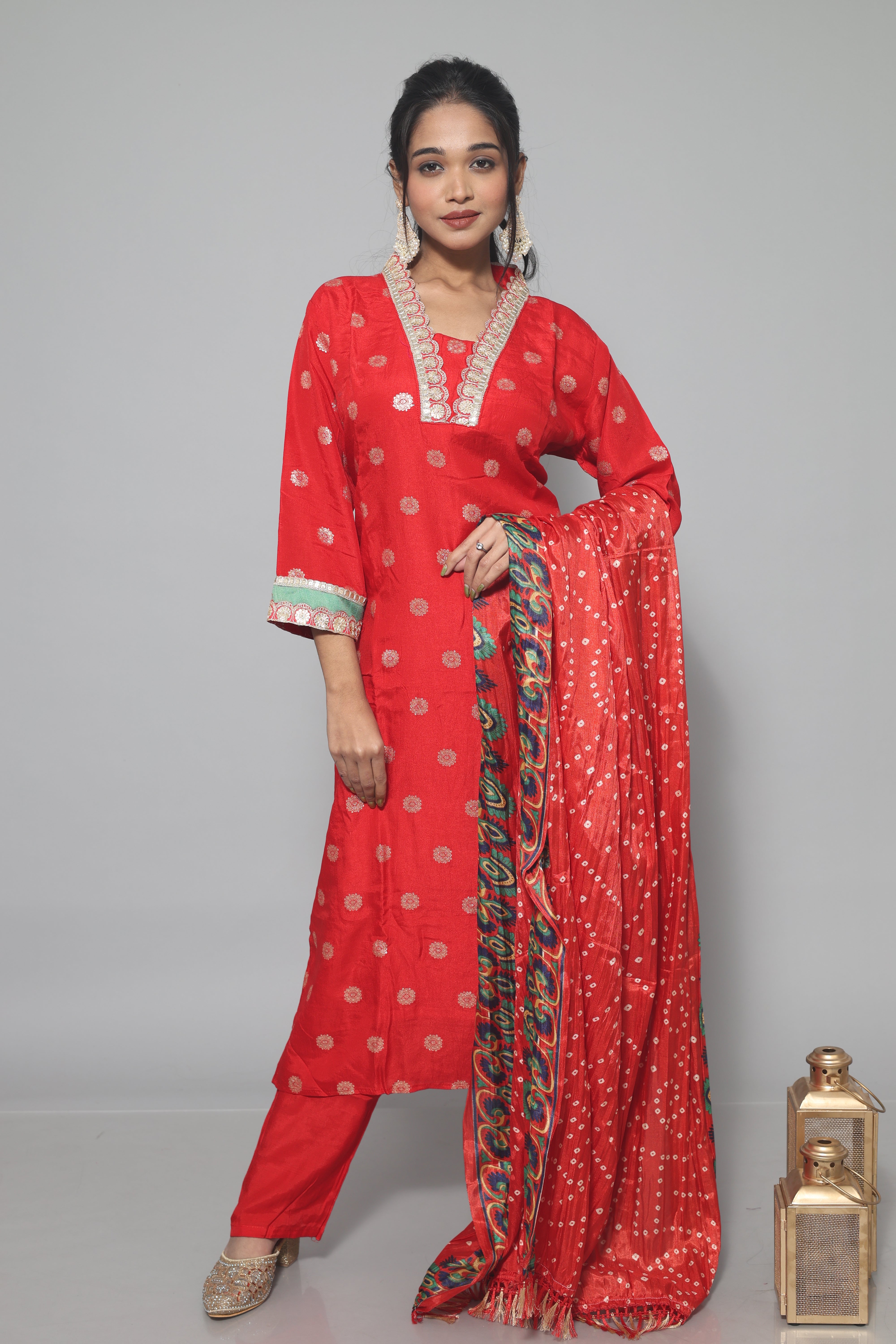 Red Dola Silk Handwork Suit Set
