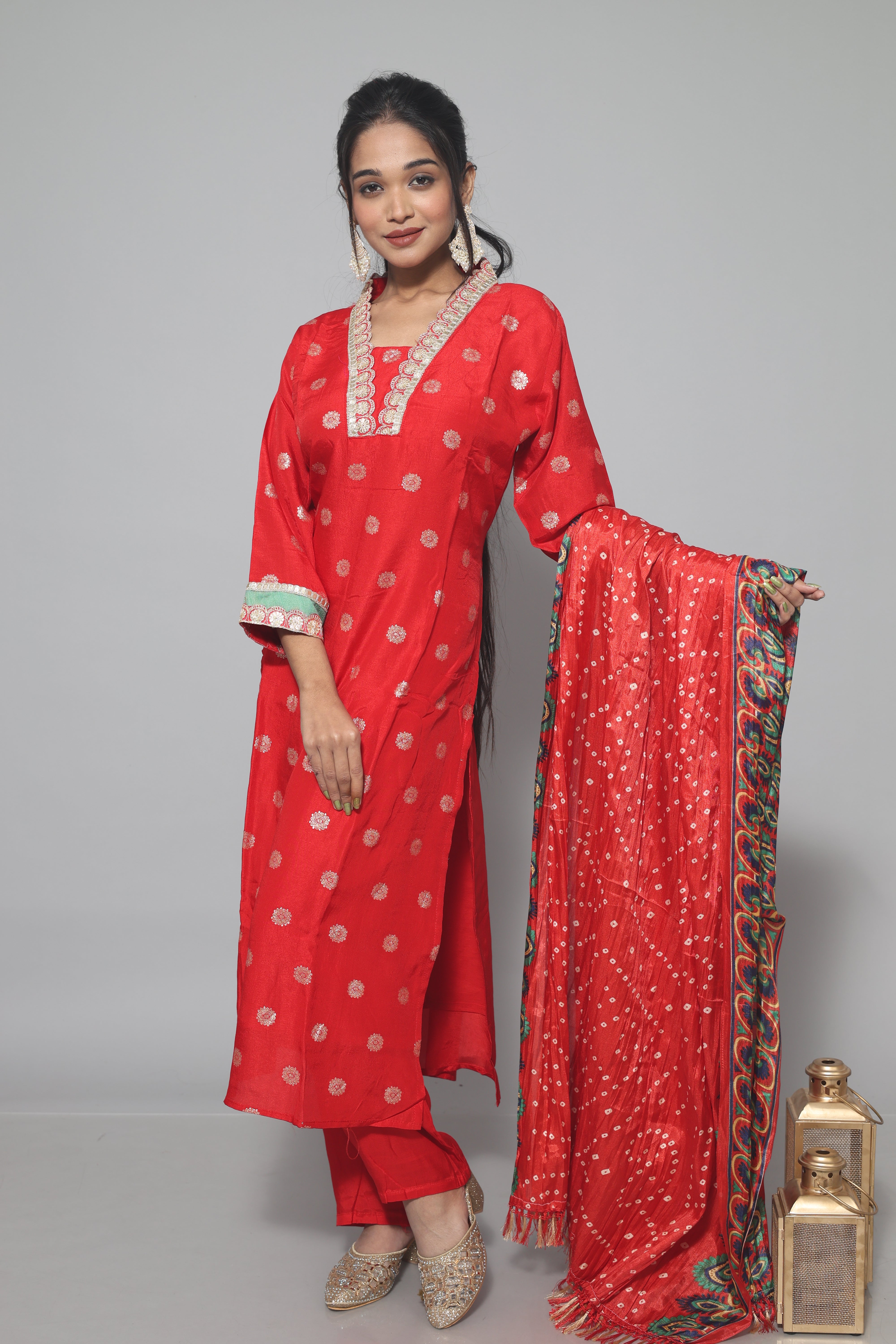 Red Dola Silk Handwork Suit Set