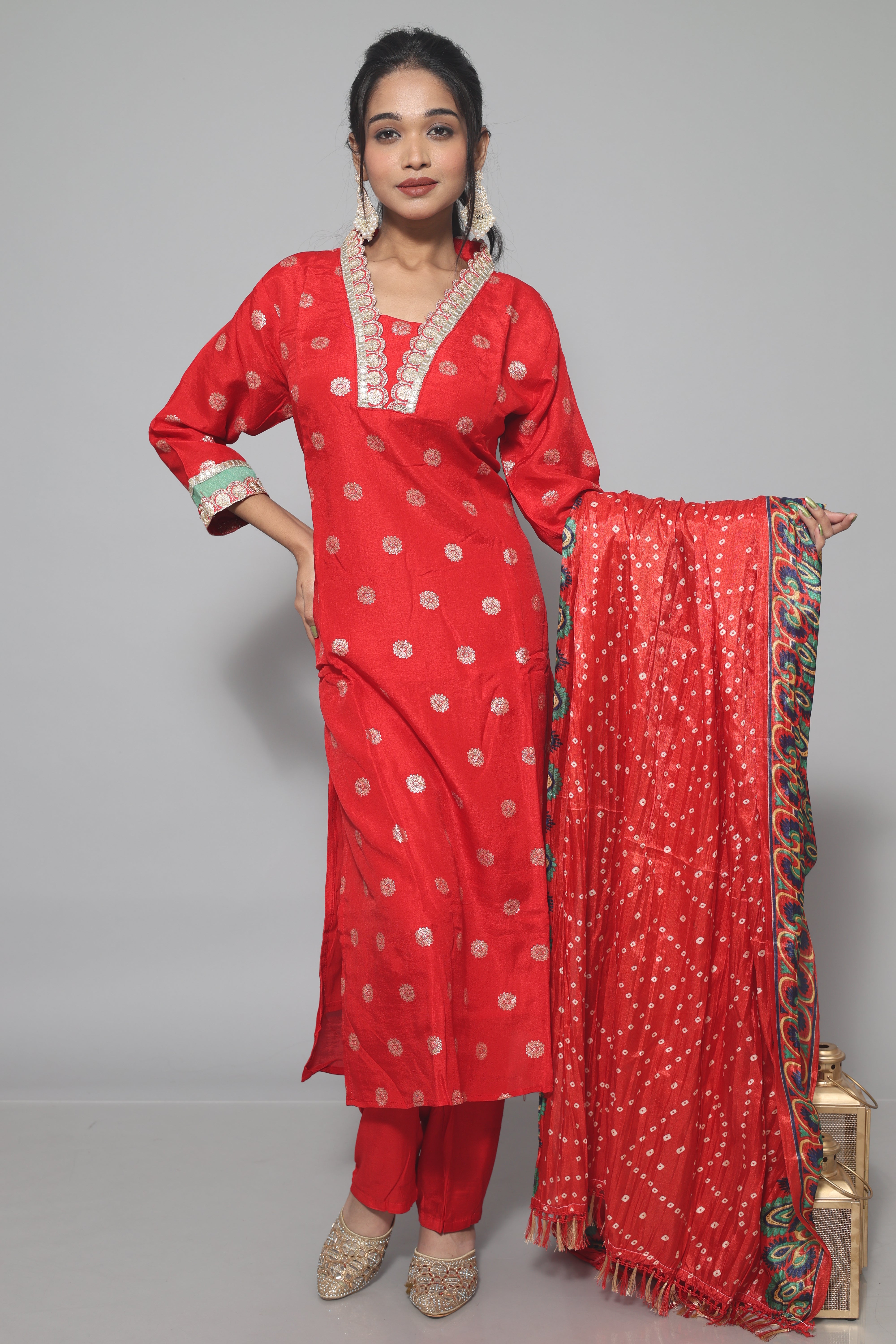 Red Dola Silk Handwork Suit Set