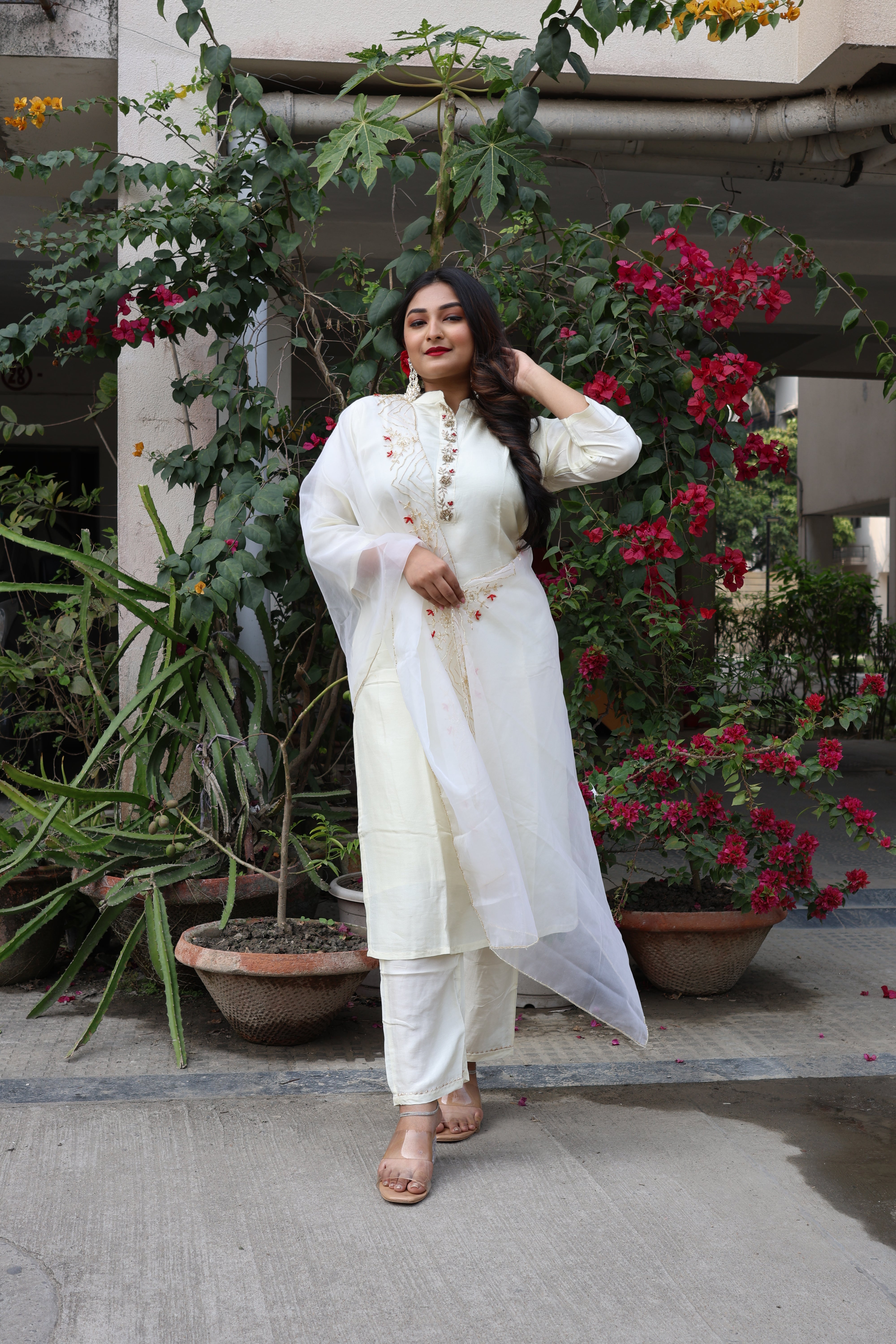 Off White Dola Silk Handwork Suit Set