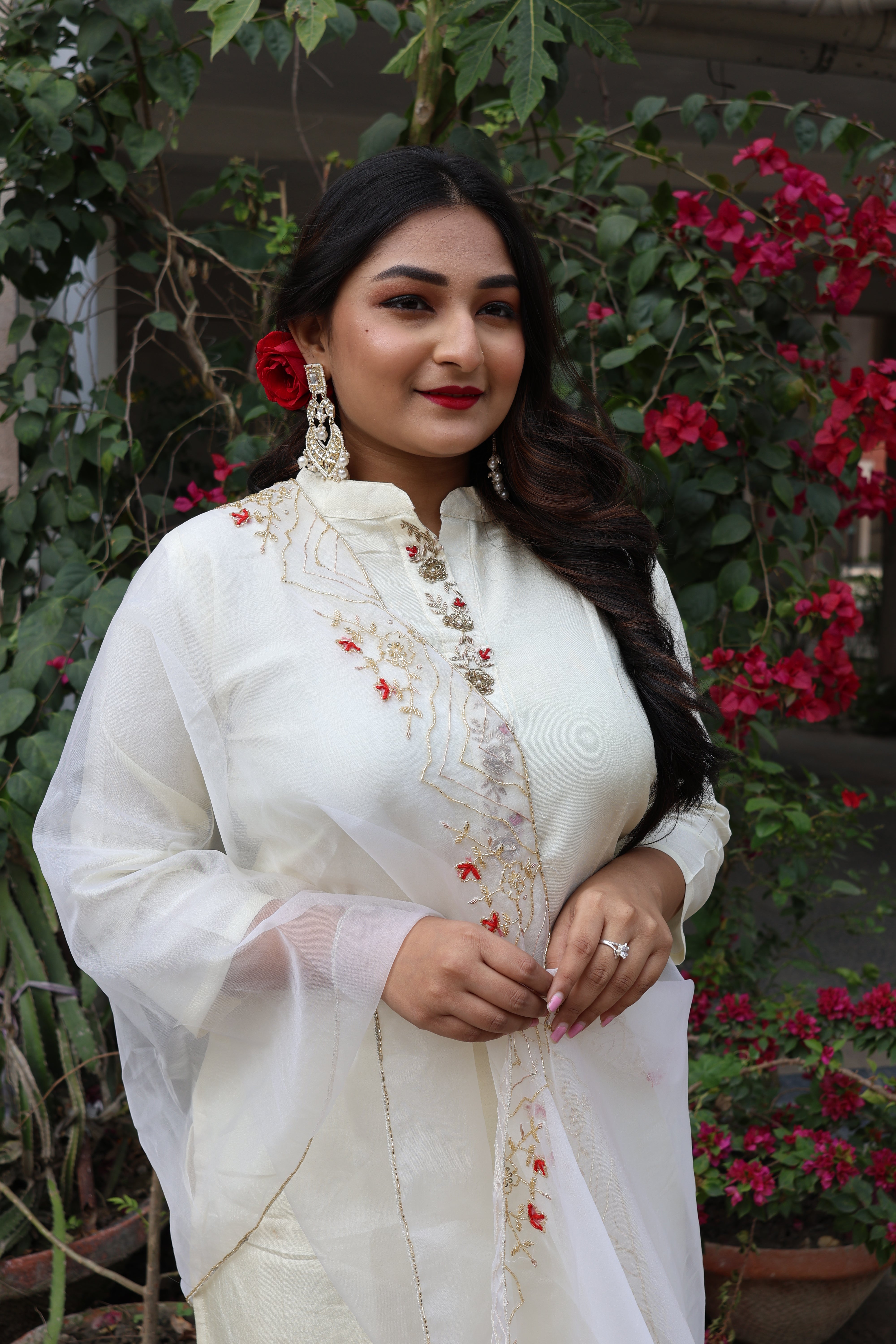 Off White Dola Silk Handwork Suit Set