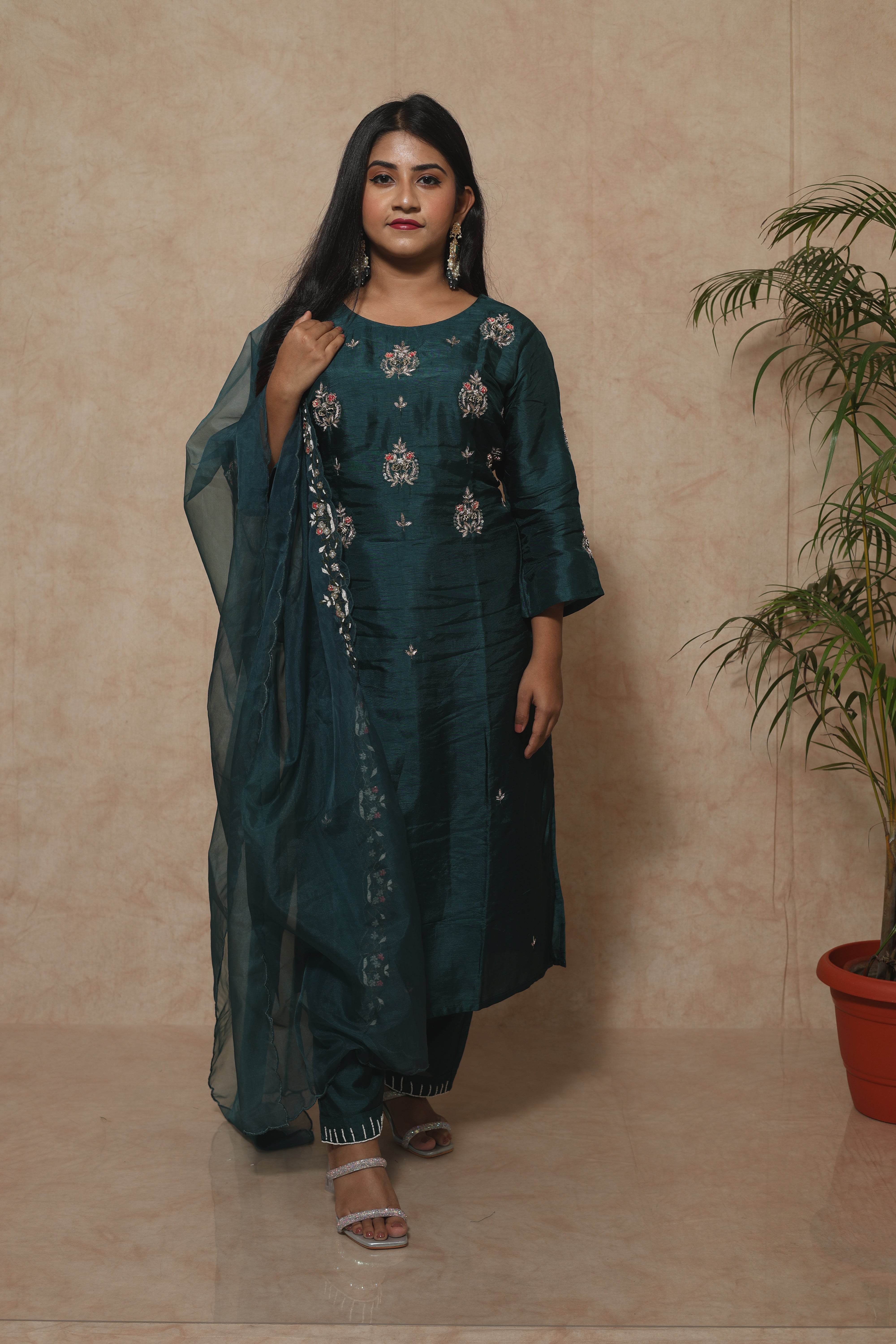 Peacock Green Handwork Dola Silk Suit Set
