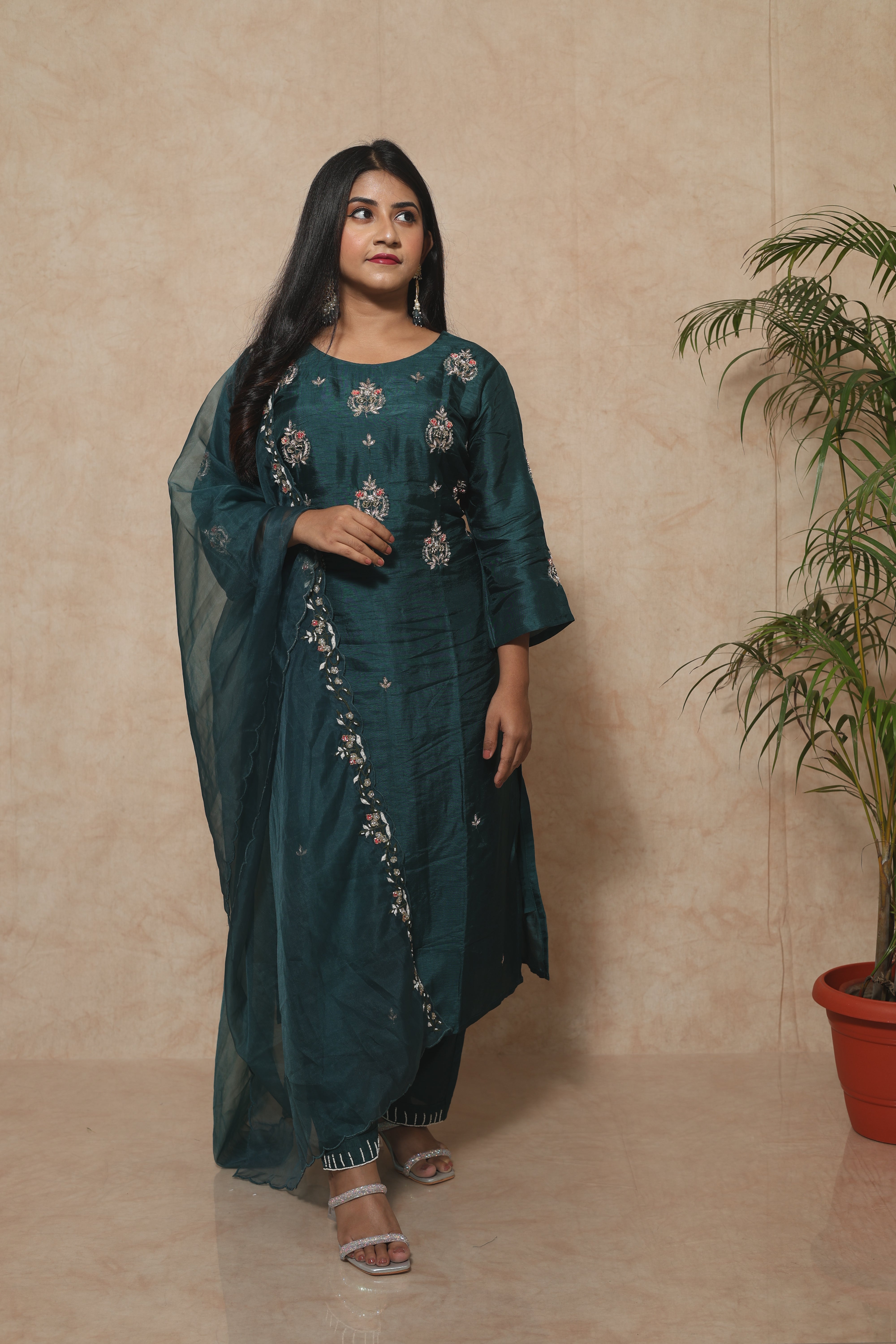 Peacock Green Handwork Dola Silk Suit Set