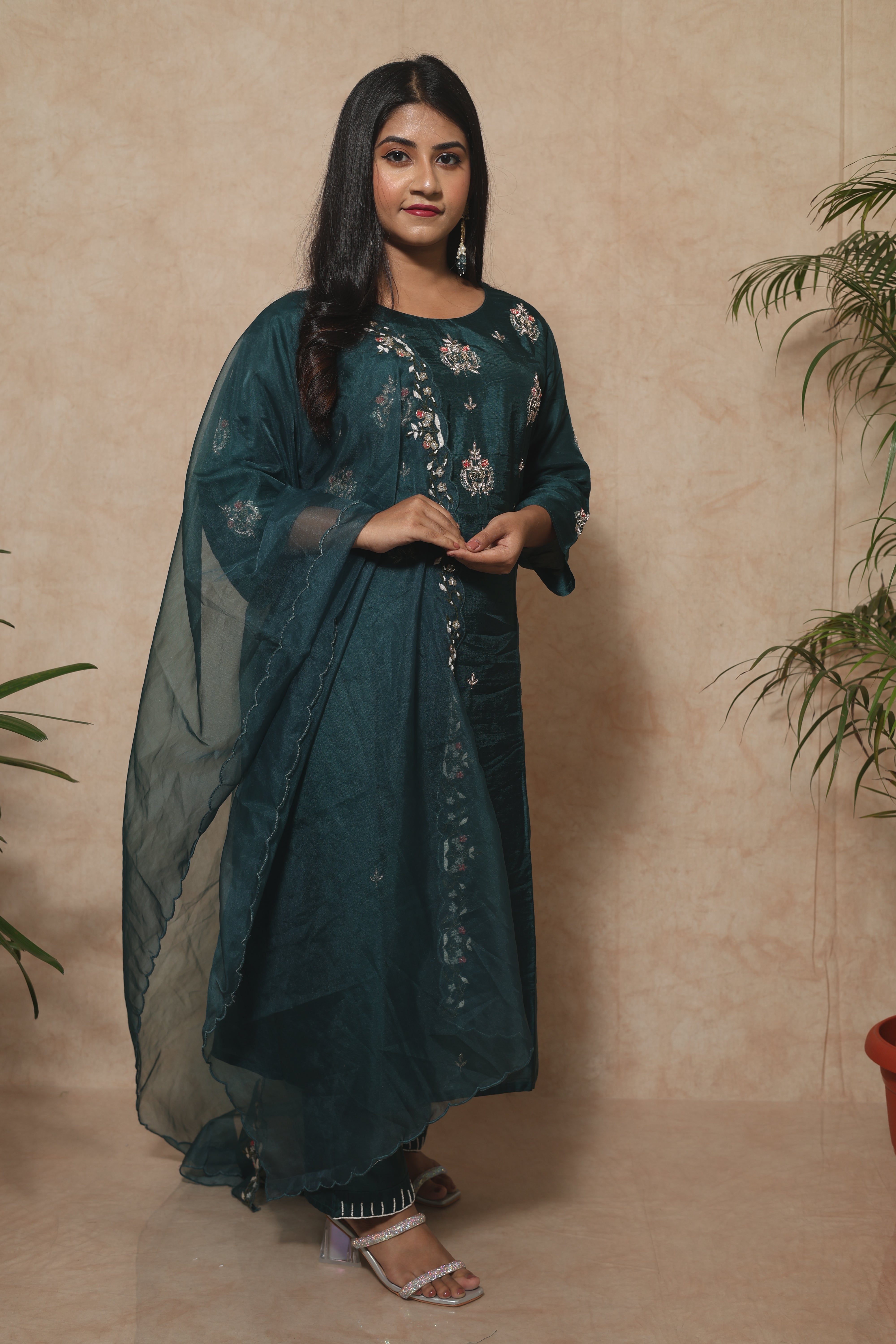 Peacock Green Handwork Dola Silk Suit Set