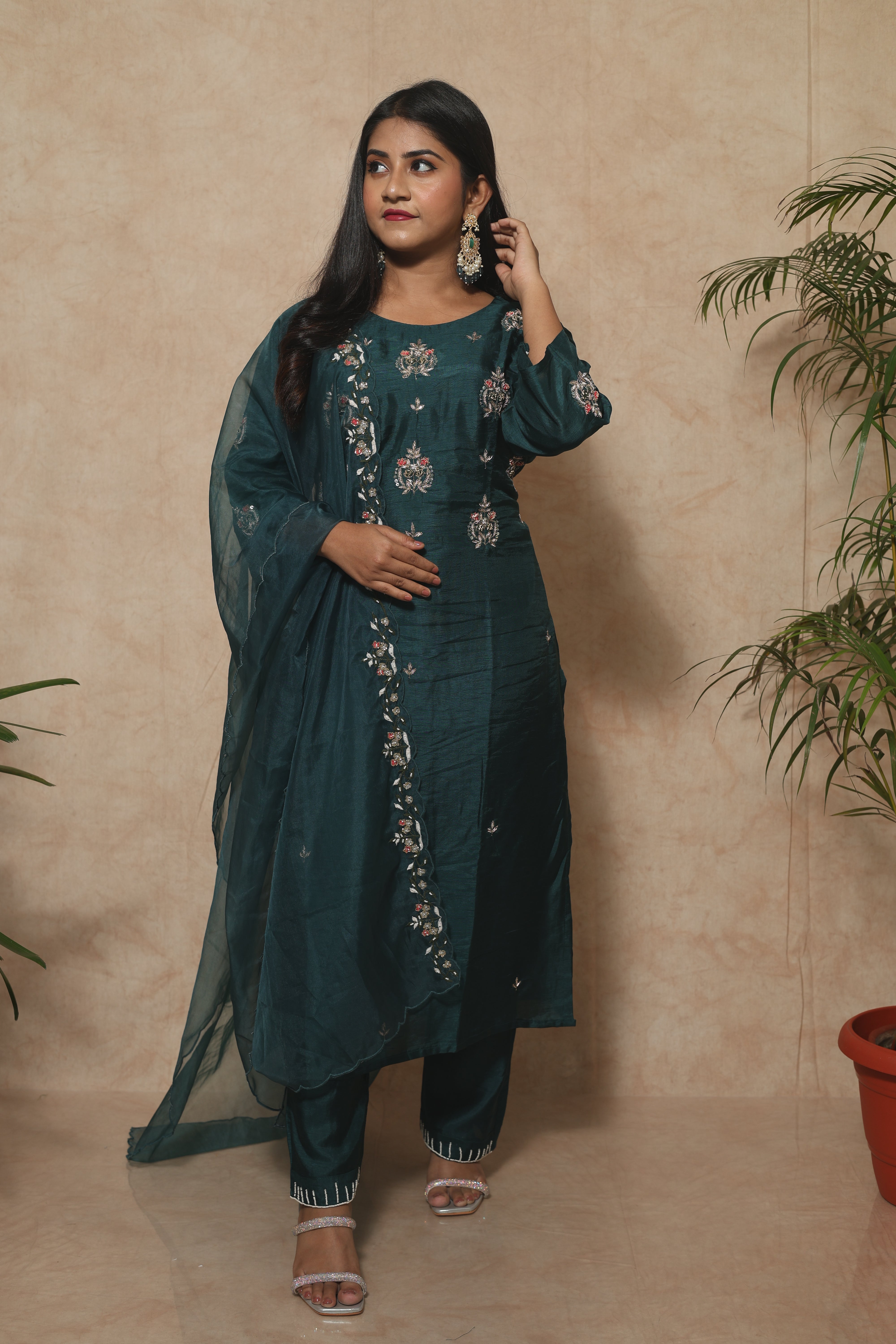 Peacock Green Handwork Dola Silk Suit Set