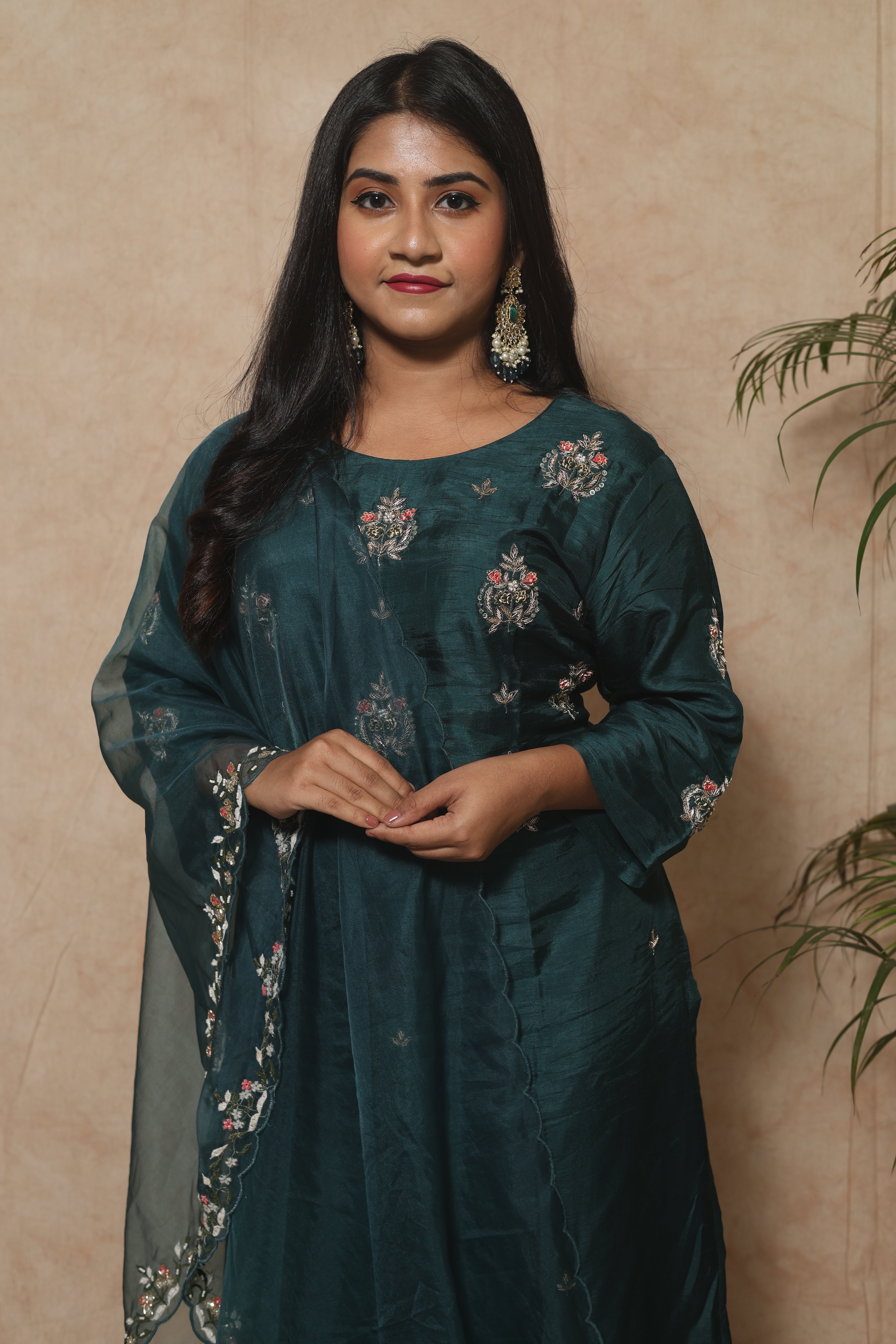 Peacock Green Handwork Dola Silk Suit Set