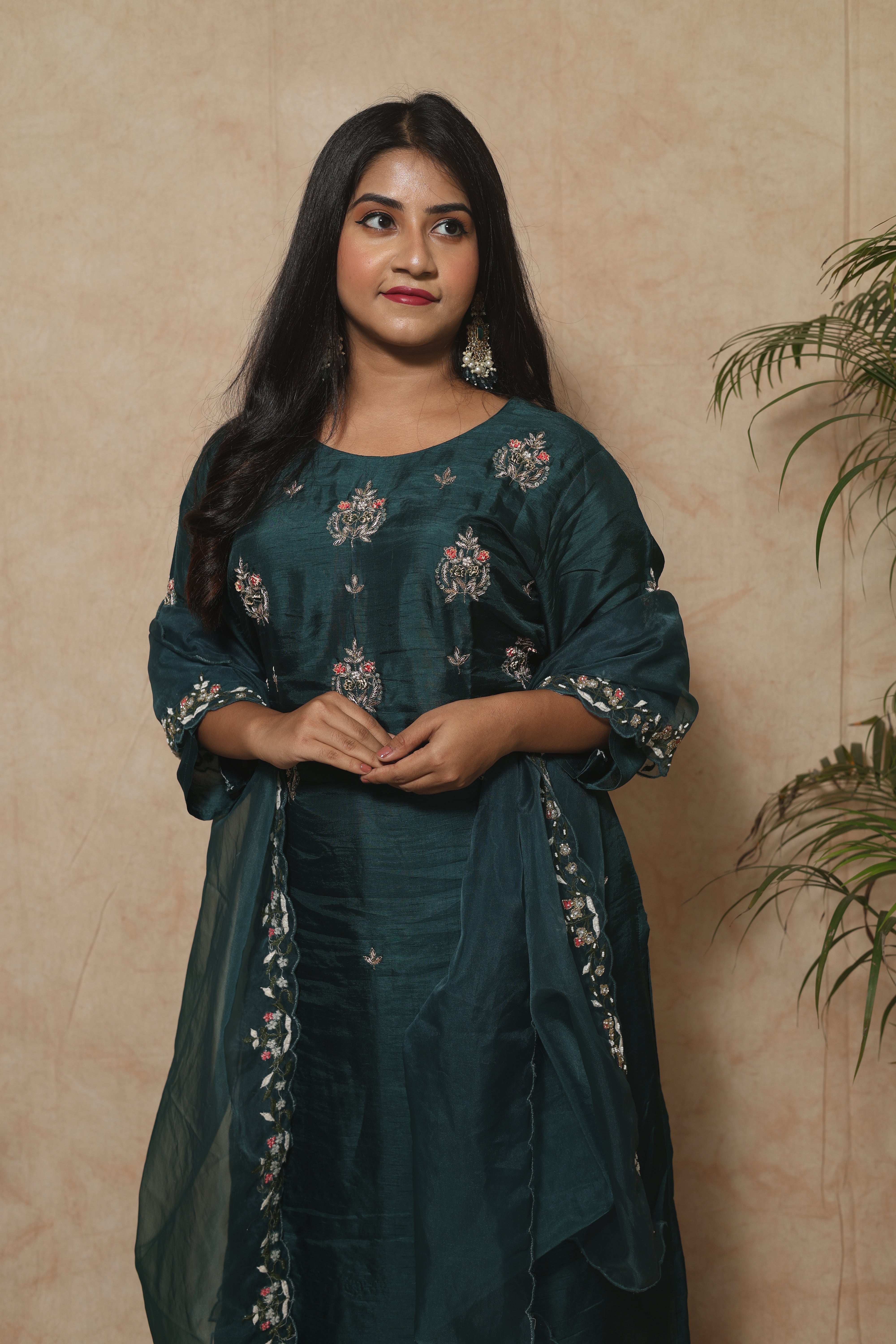 Peacock Green Handwork Dola Silk Suit Set