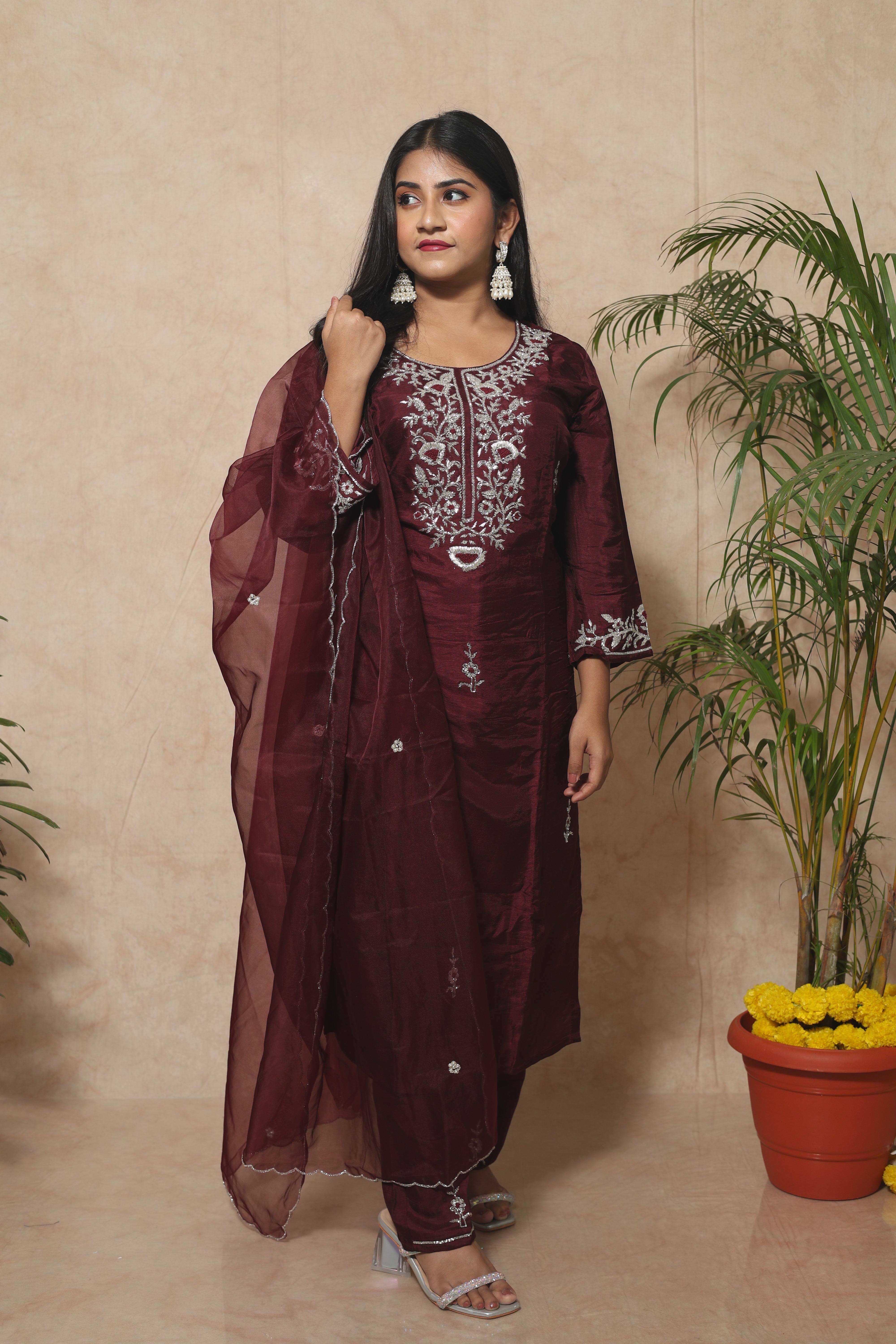 Maroon Dola Silk Handwork Suit Set