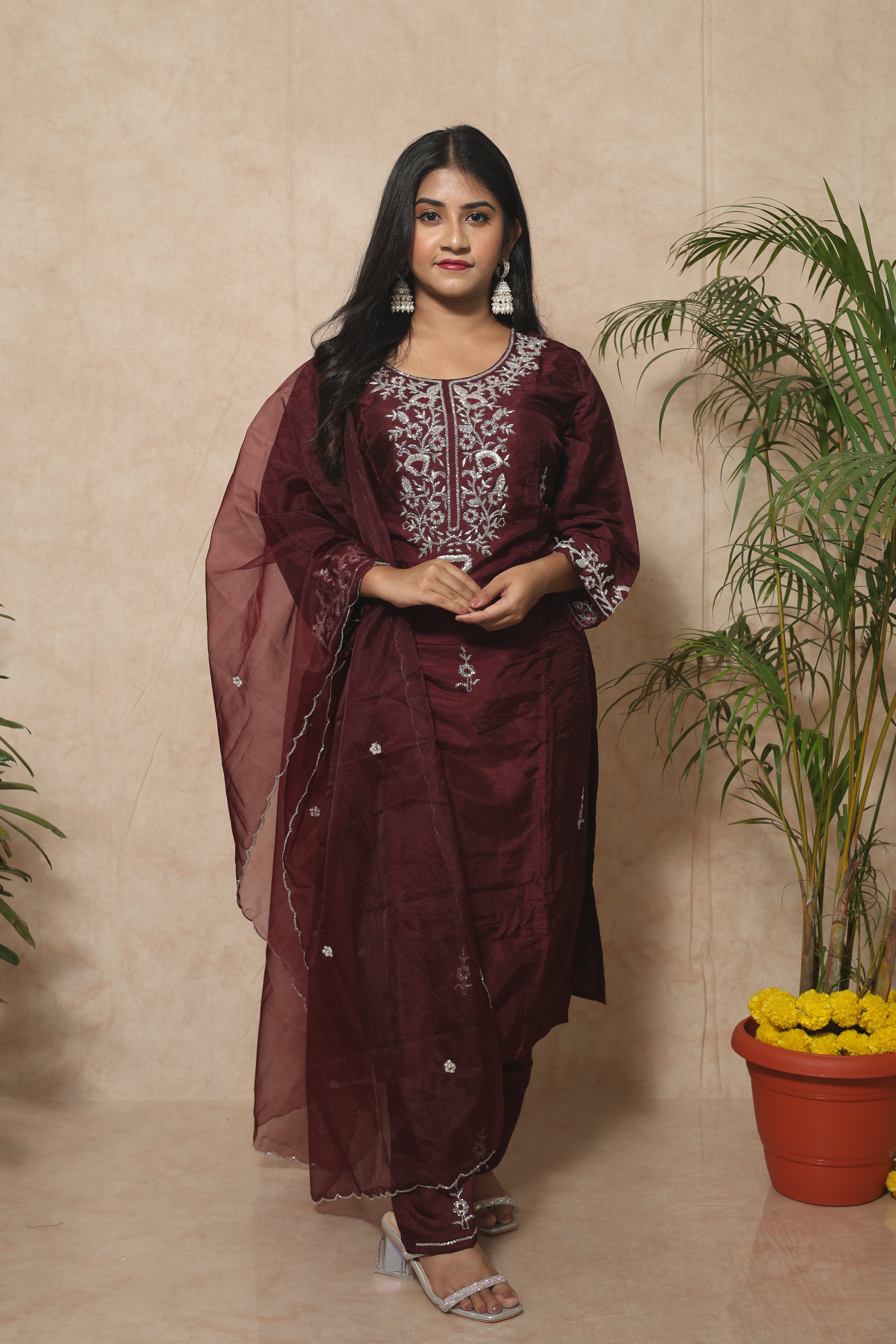 Maroon Dola Silk Handwork Suit Set