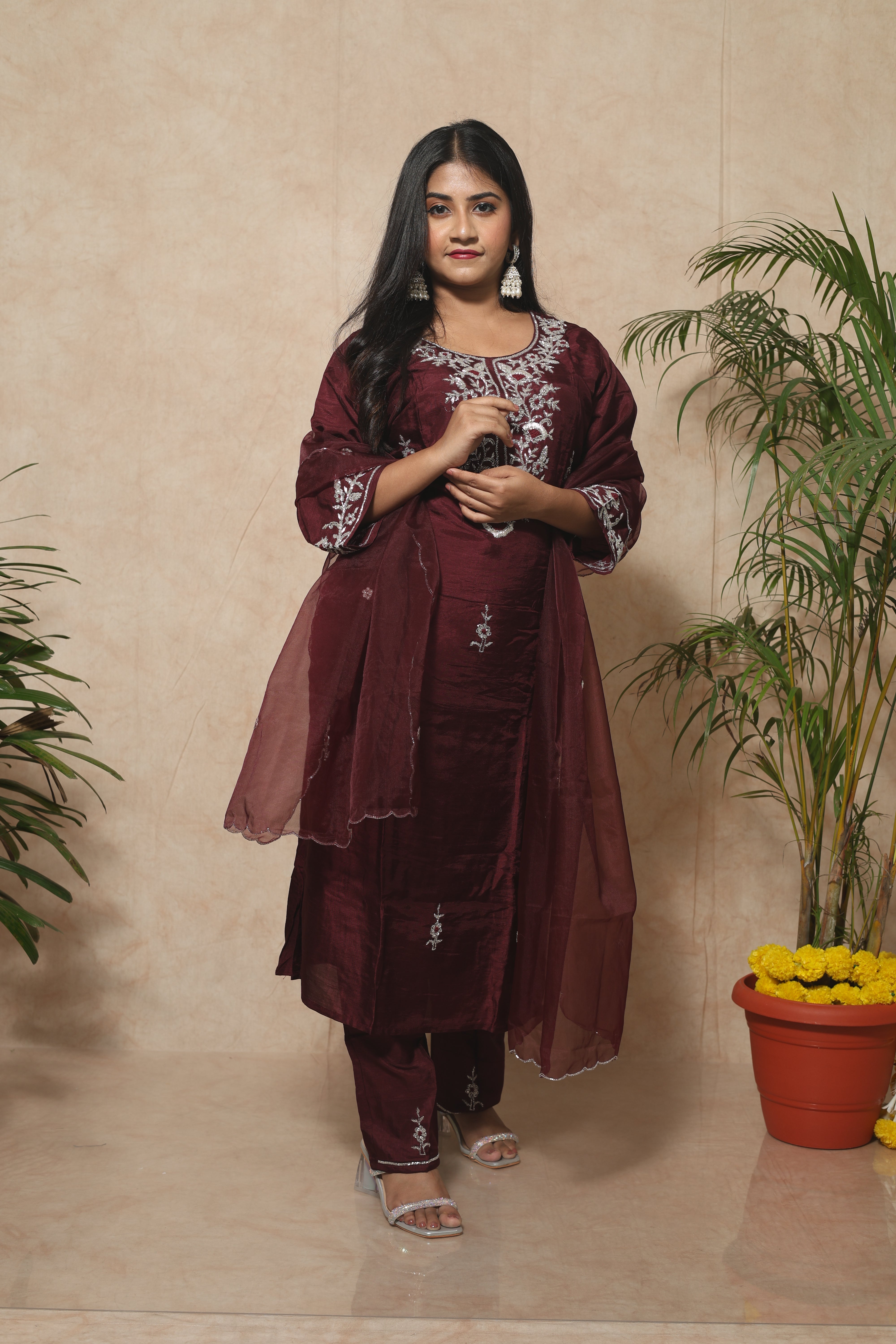 Maroon Dola Silk Handwork Suit Set