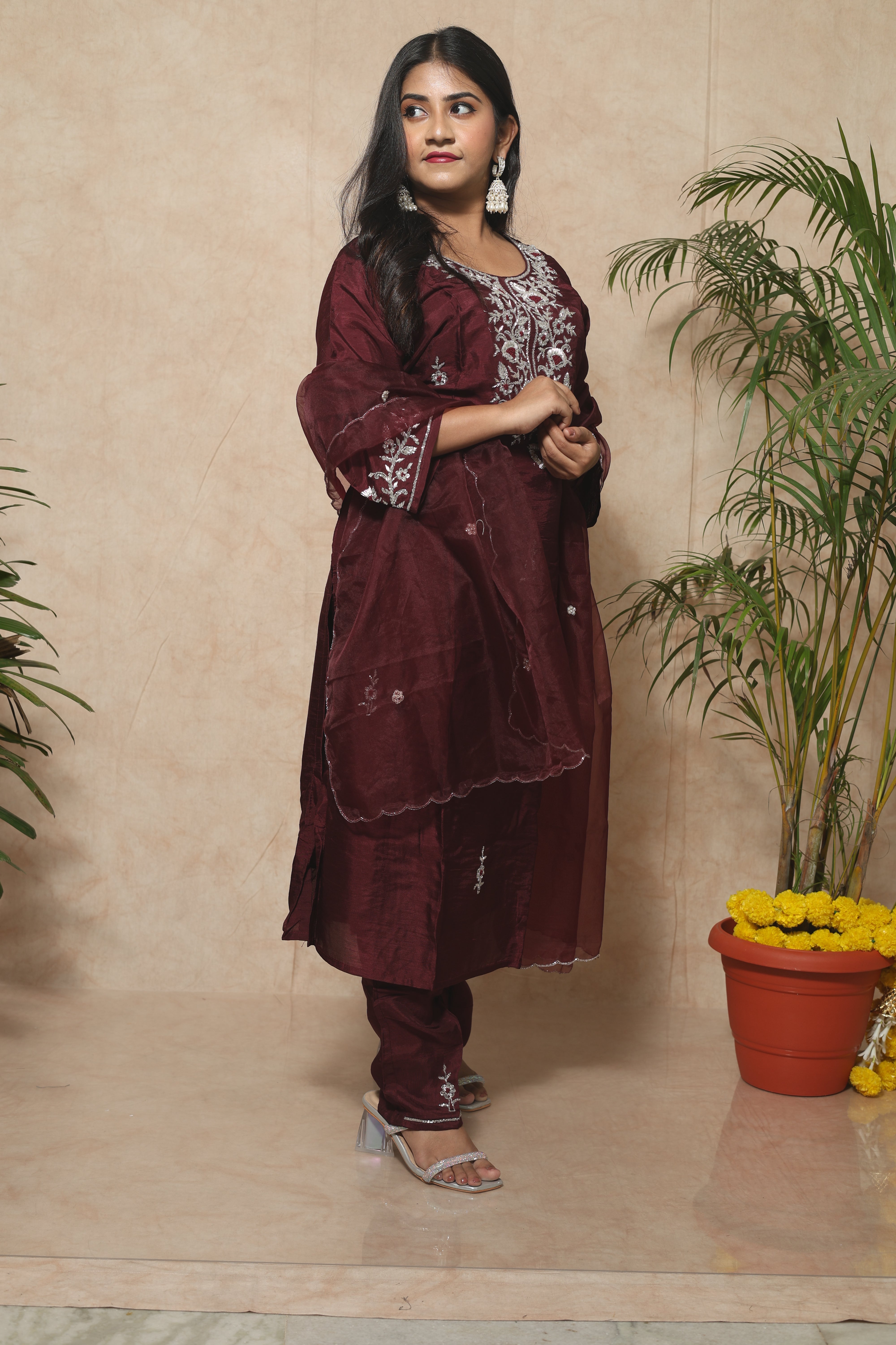 Maroon Dola Silk Handwork Suit Set