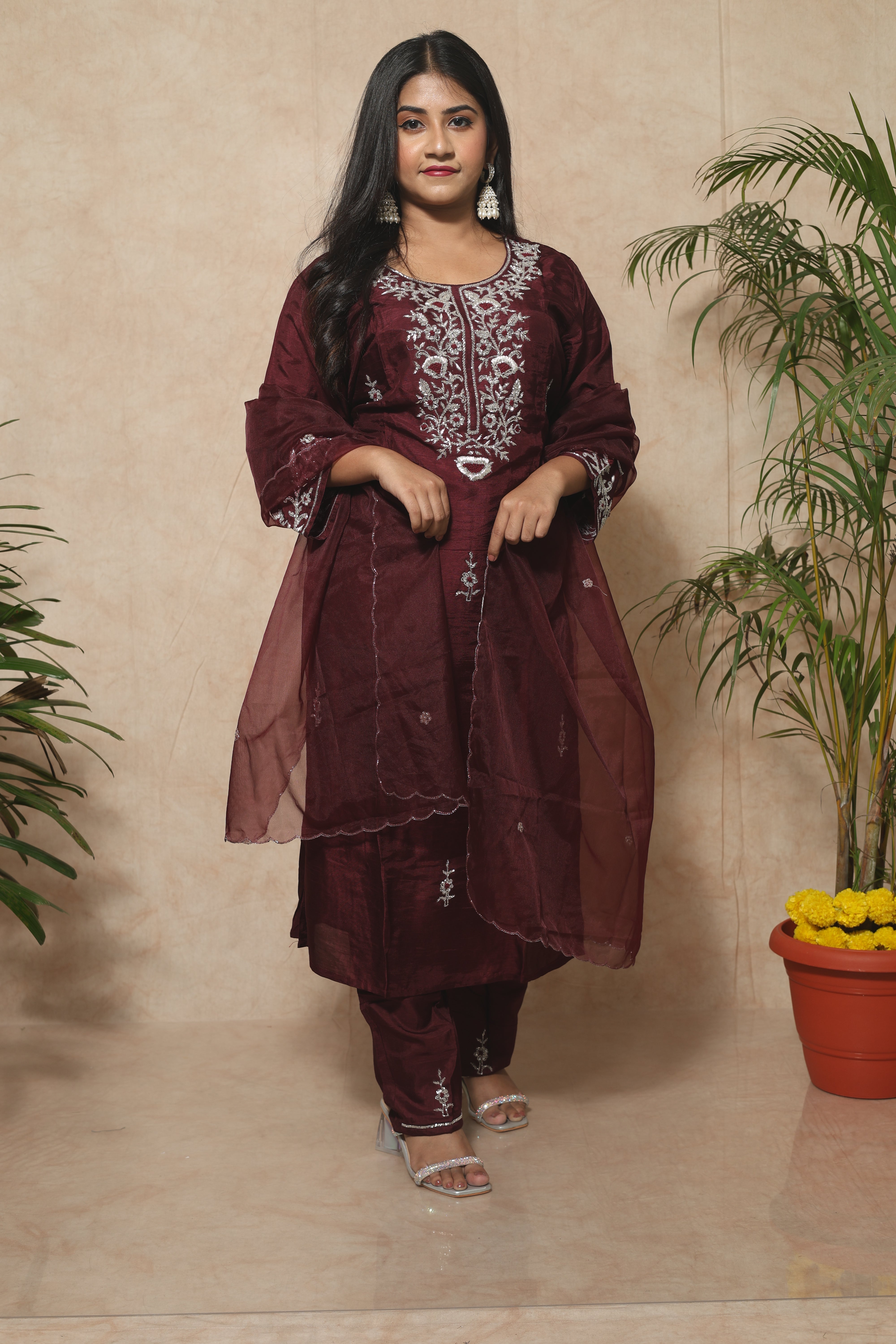 Maroon Dola Silk Handwork Suit Set