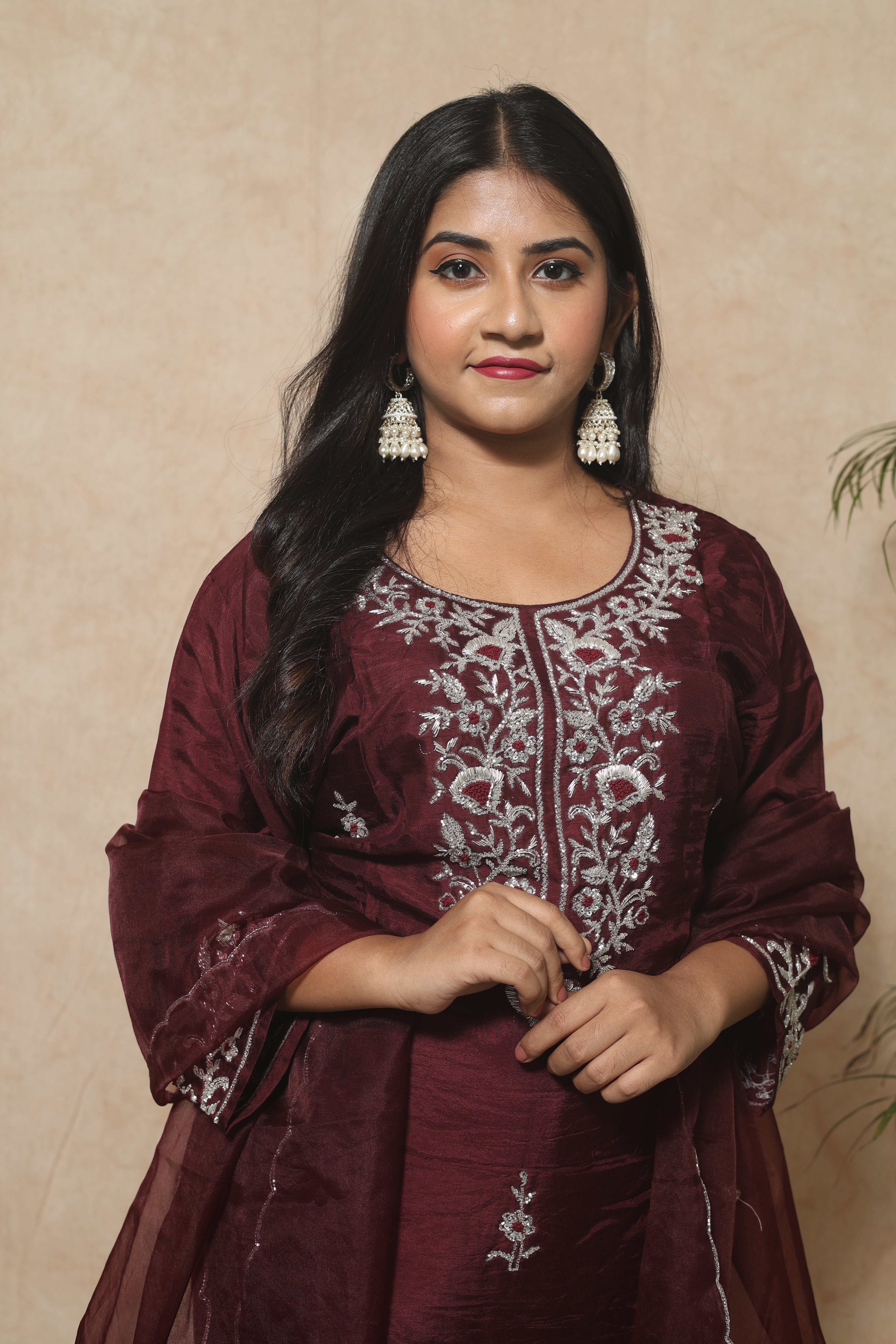 Maroon Dola Silk Handwork Suit Set