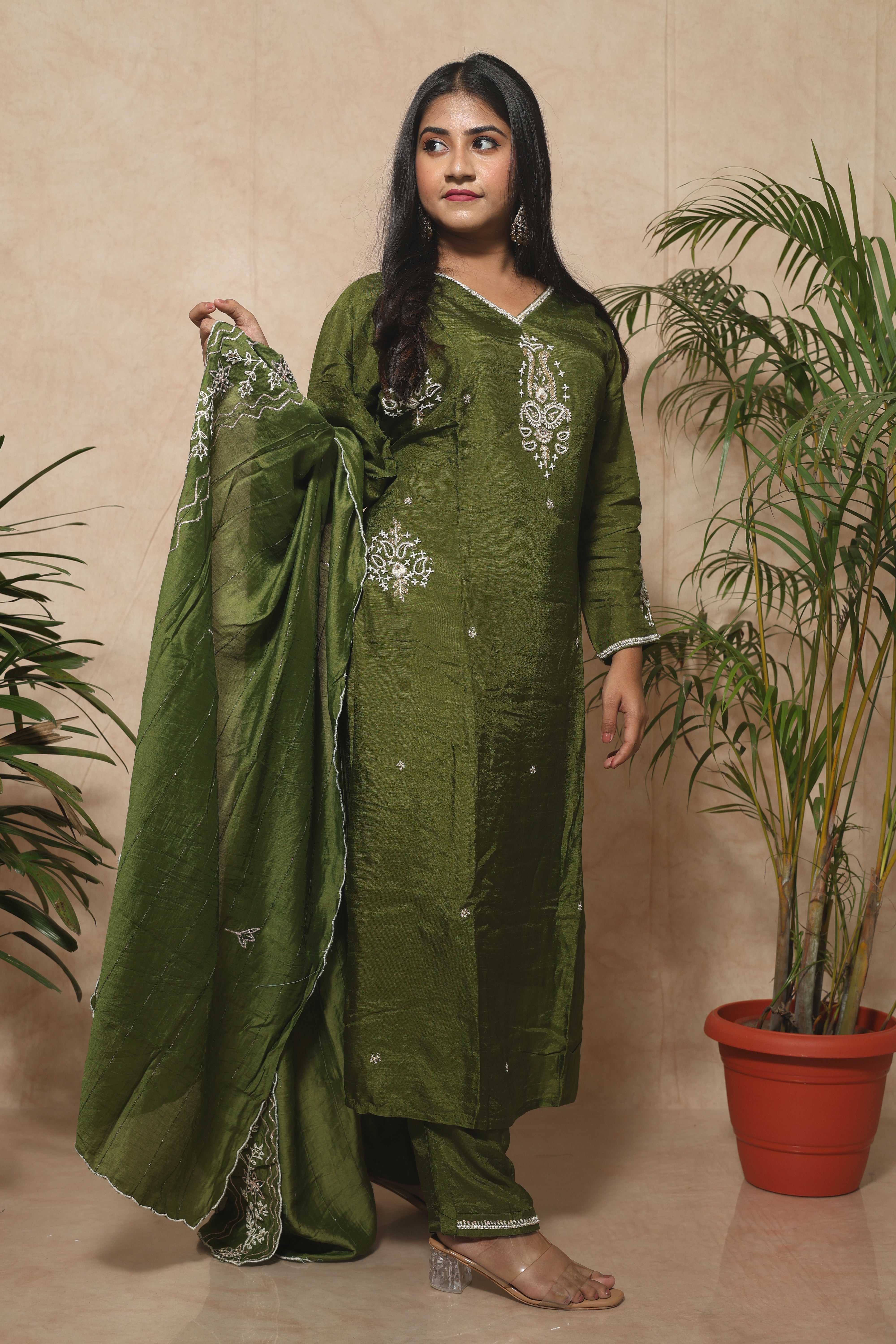 Olive Green Handwork Dola Silk Suit Set