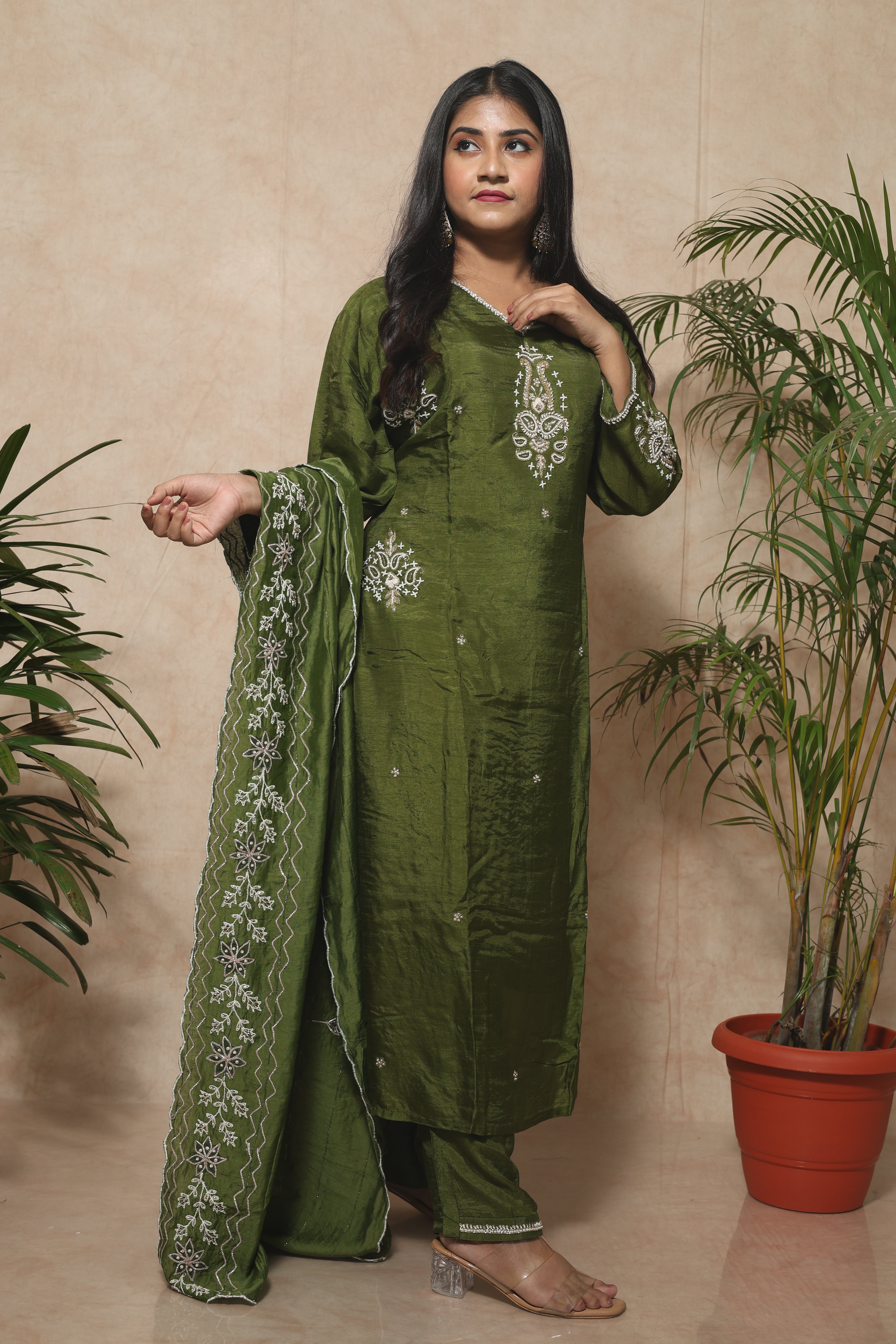 Olive Green Handwork Dola Silk Suit Set