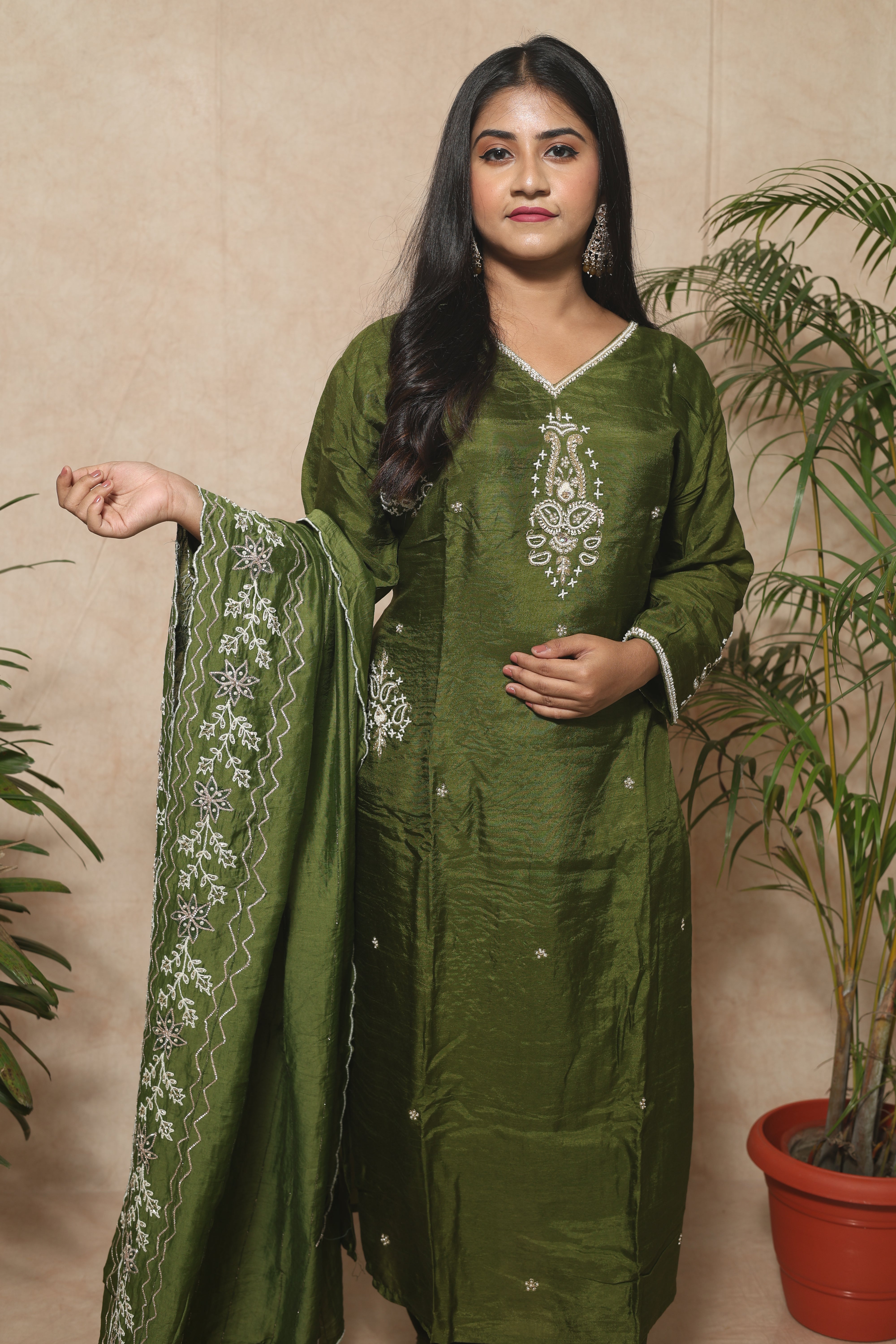 Olive Green Handwork Dola Silk Suit Set