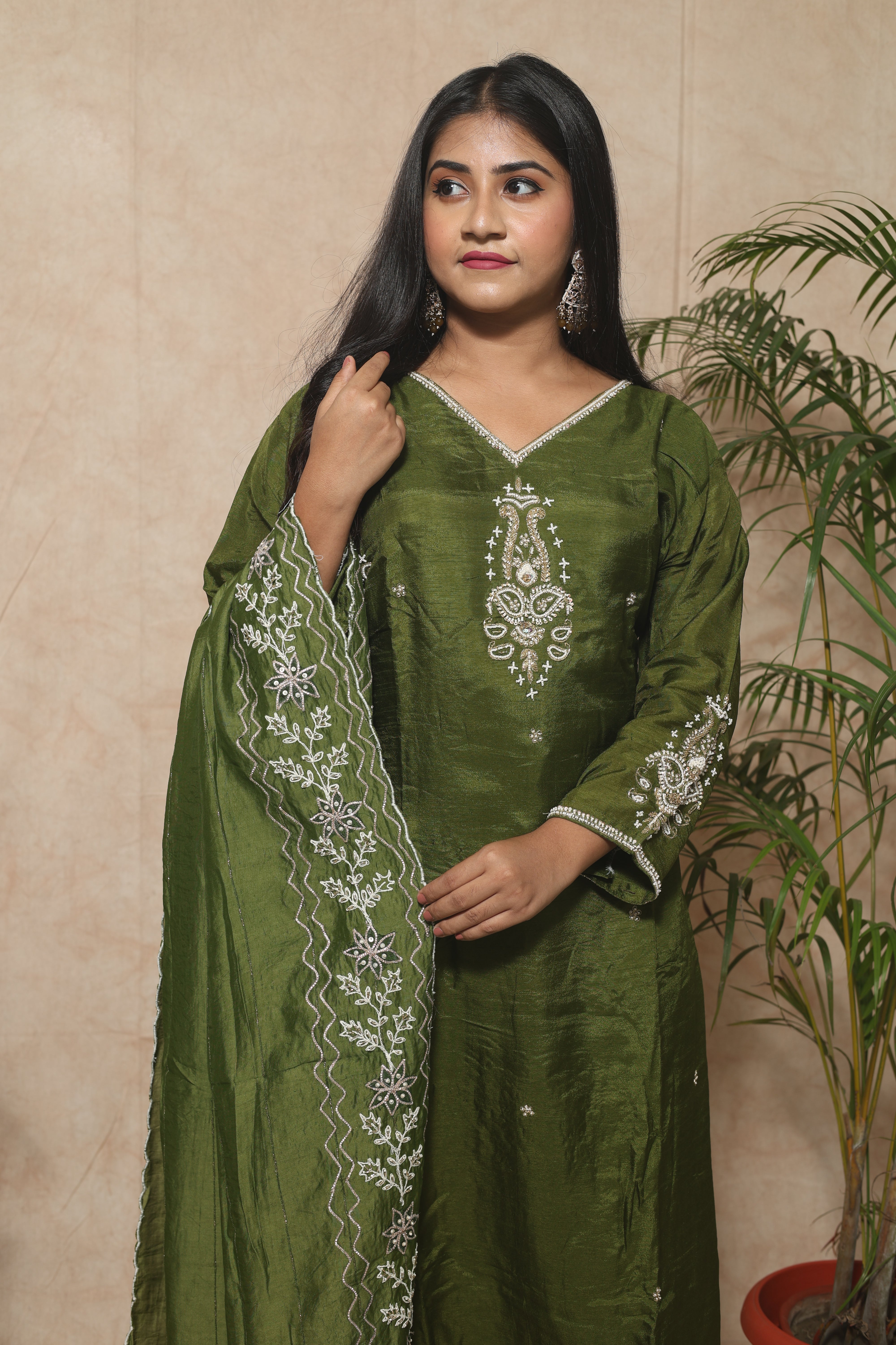 Olive Green Handwork Dola Silk Suit Set