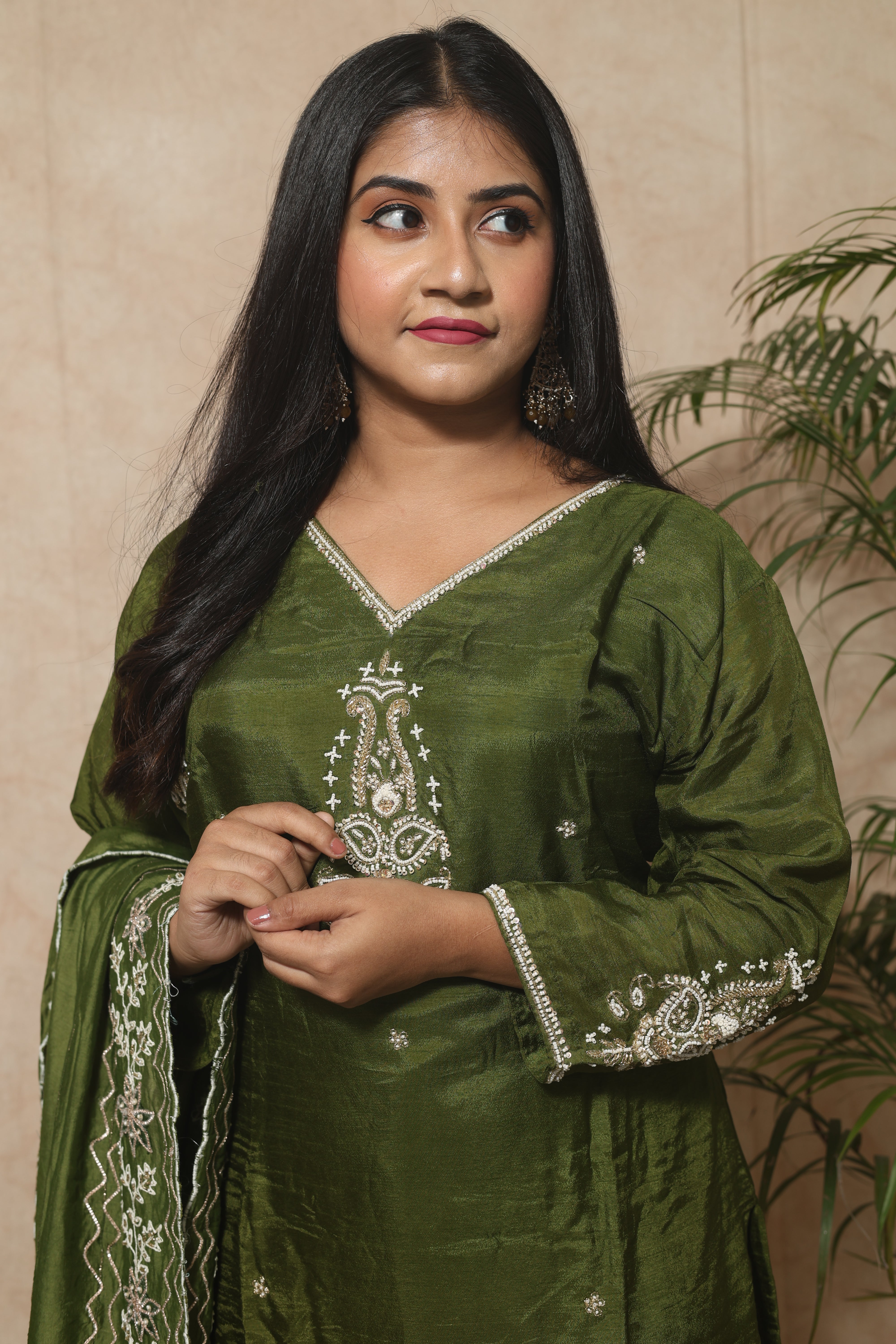 Olive Green Handwork Dola Silk Suit Set