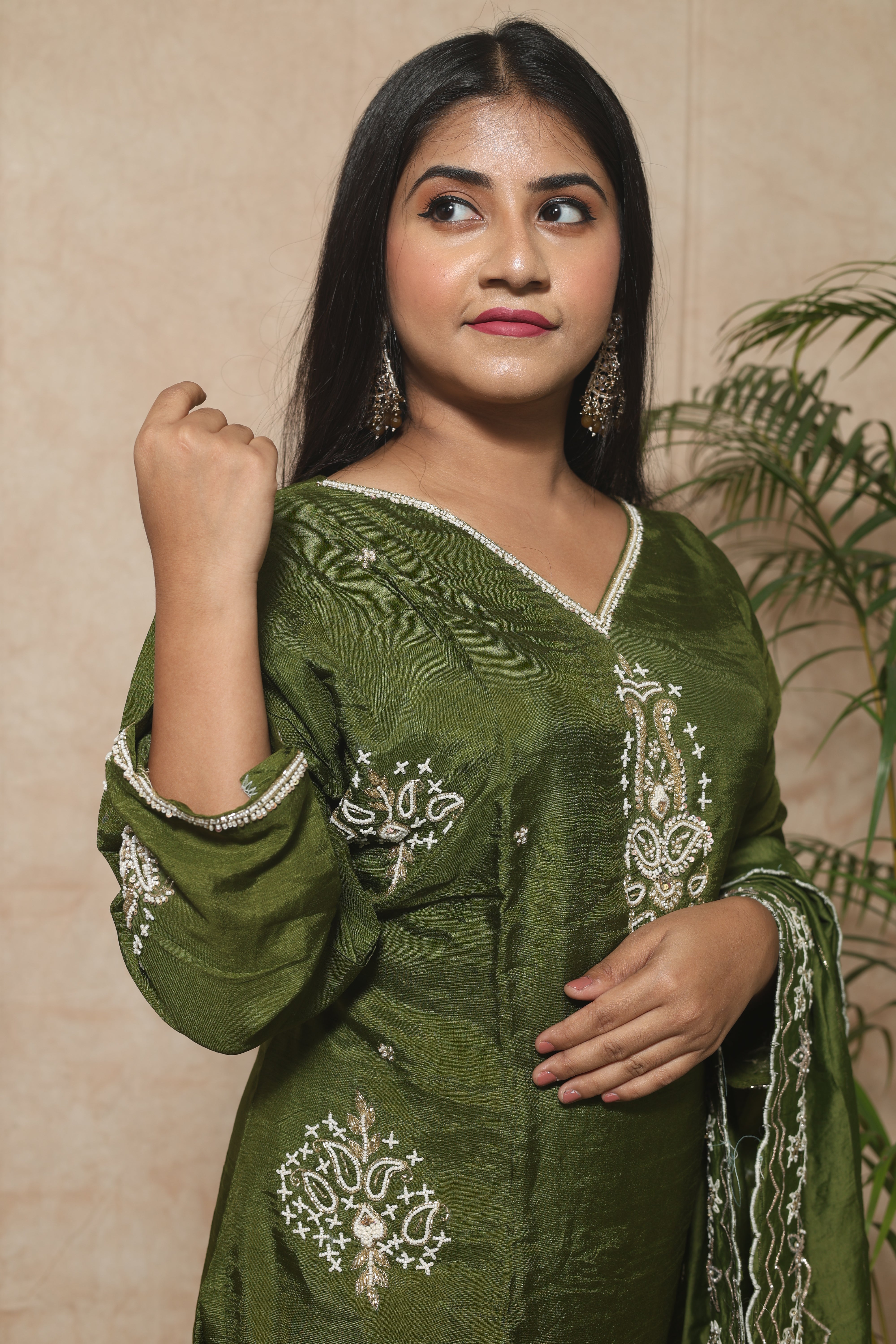 Olive Green Handwork Dola Silk Suit Set