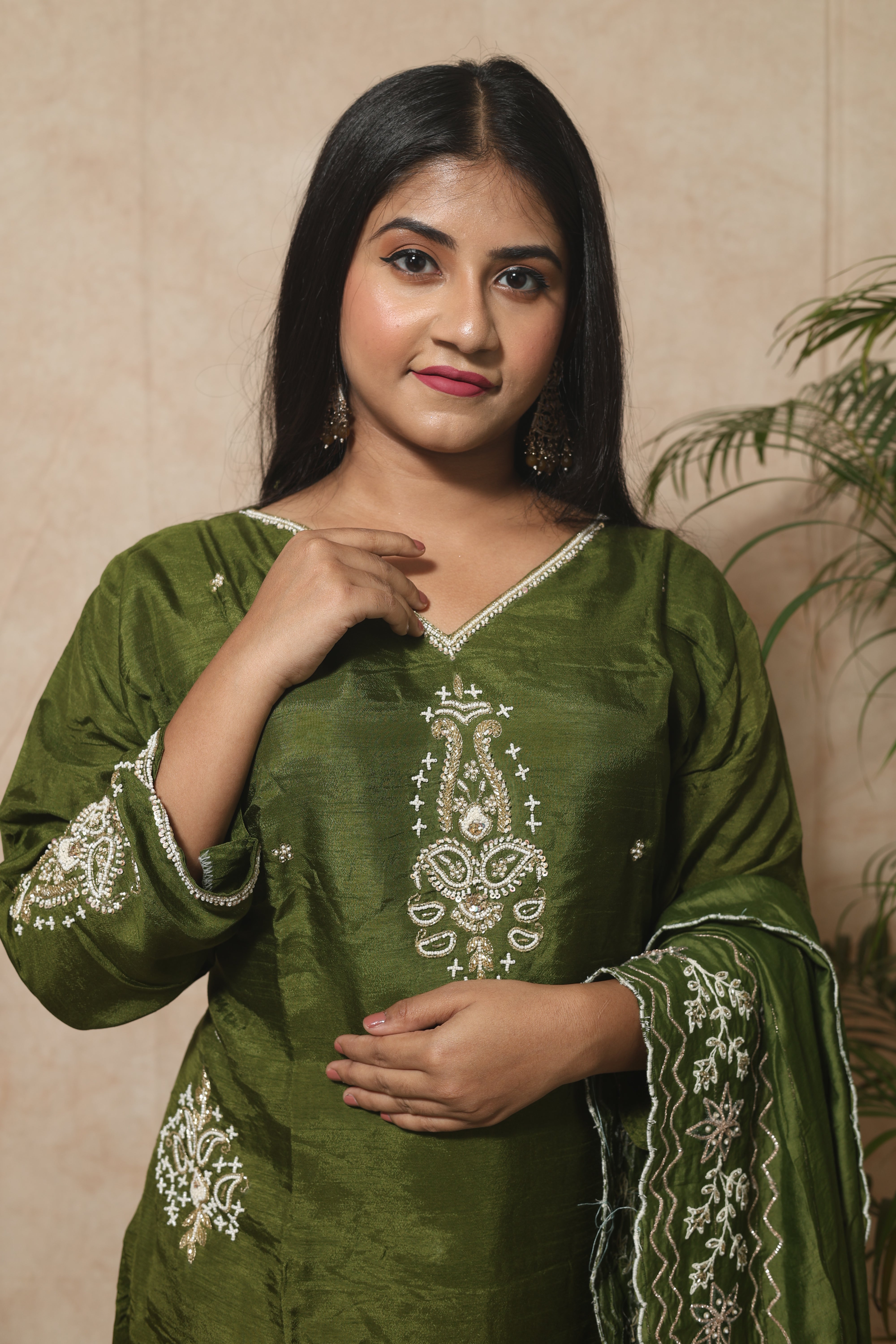 Olive Green Handwork Dola Silk Suit Set