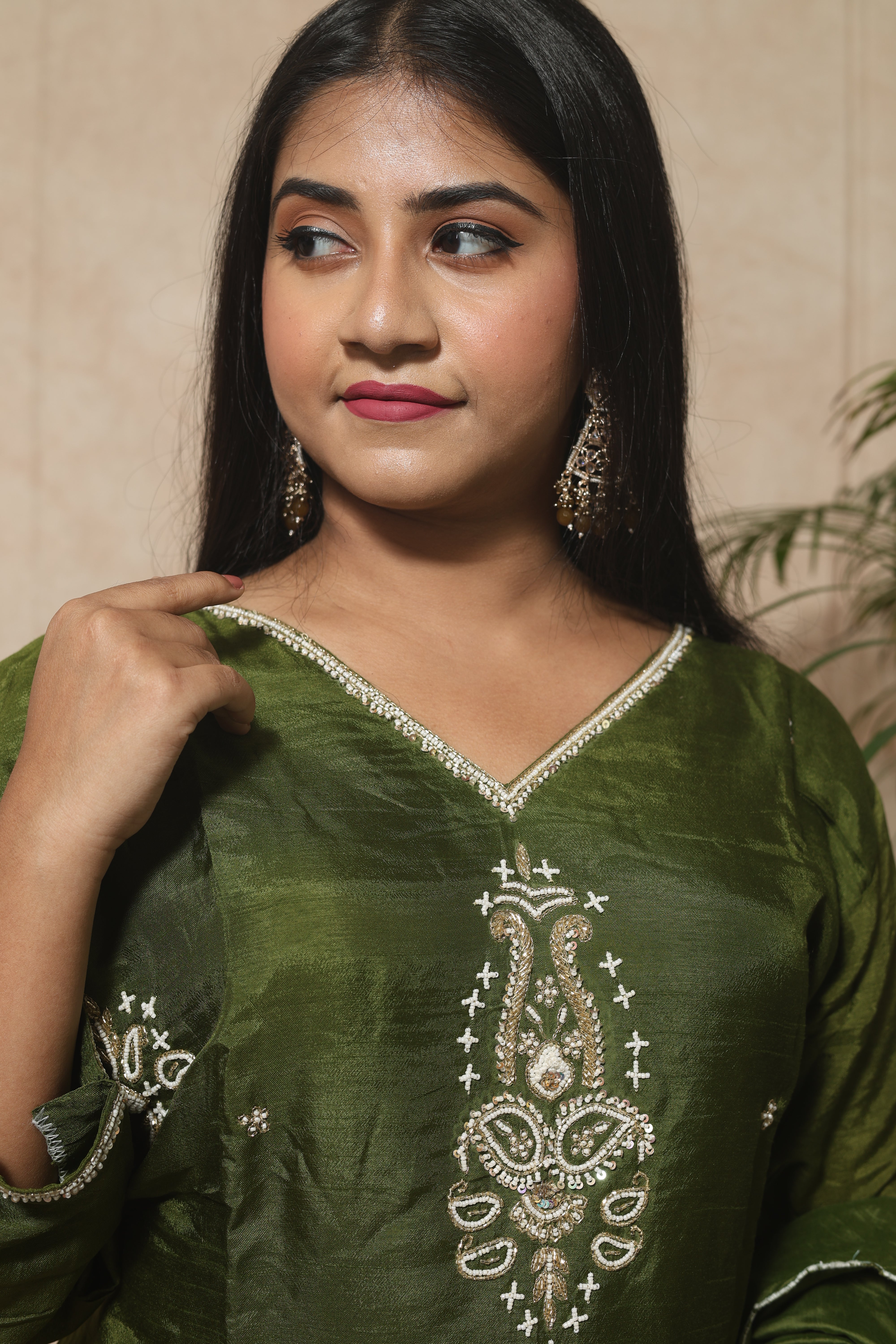 Olive Green Handwork Dola Silk Suit Set