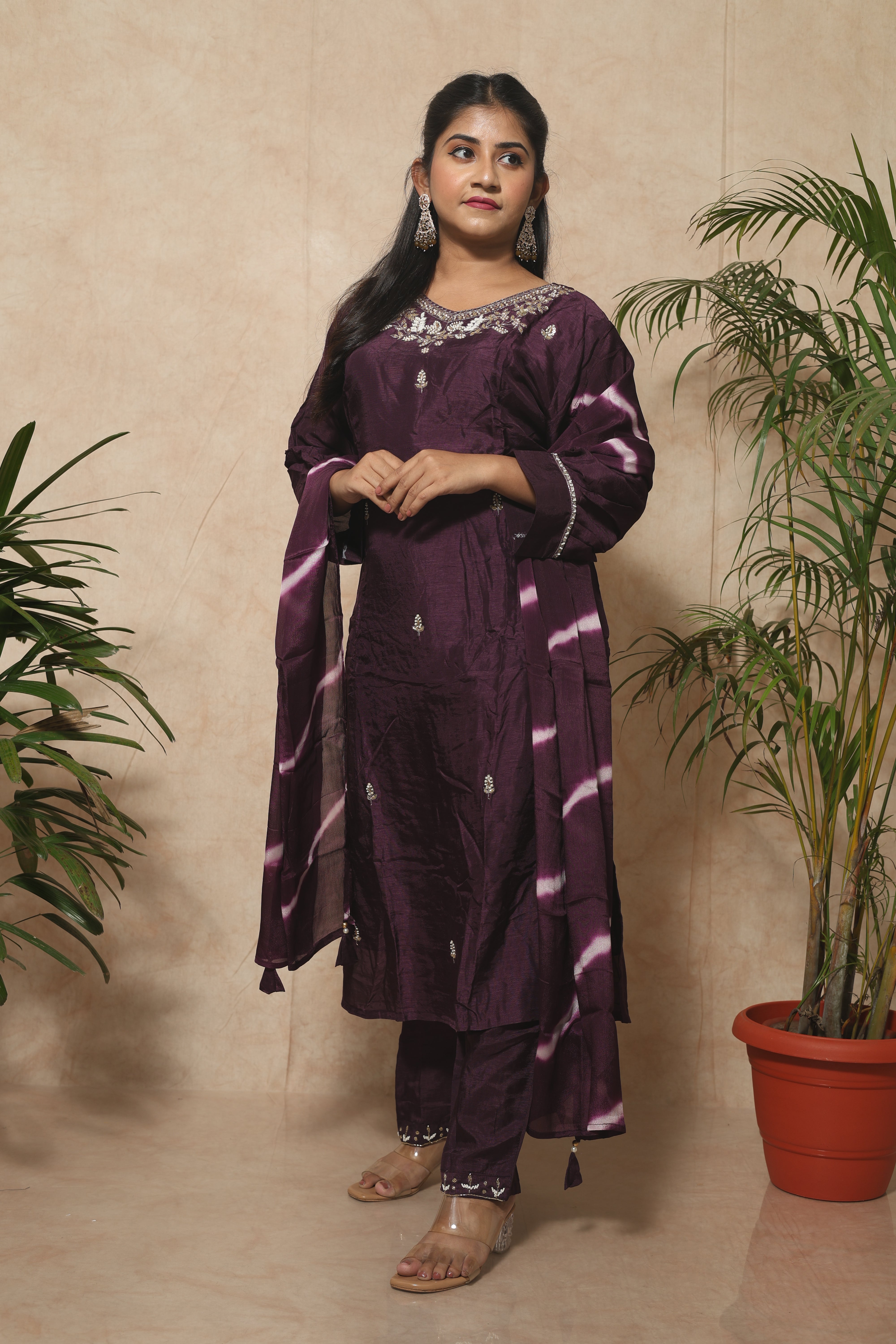 Dark plum dola silk suit set with exquisite handwork