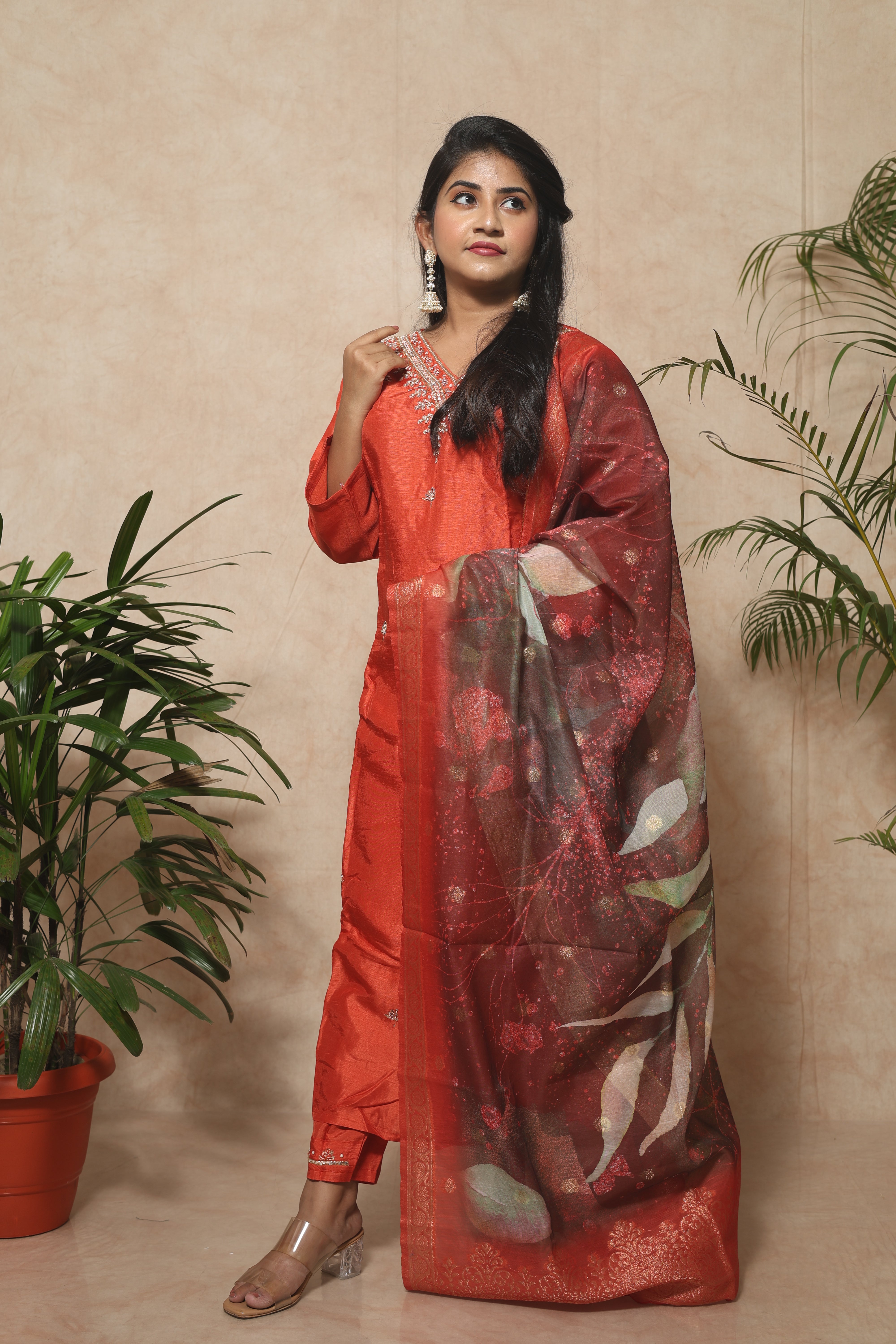 Saffron color dola silk suit set with beautiful handwork