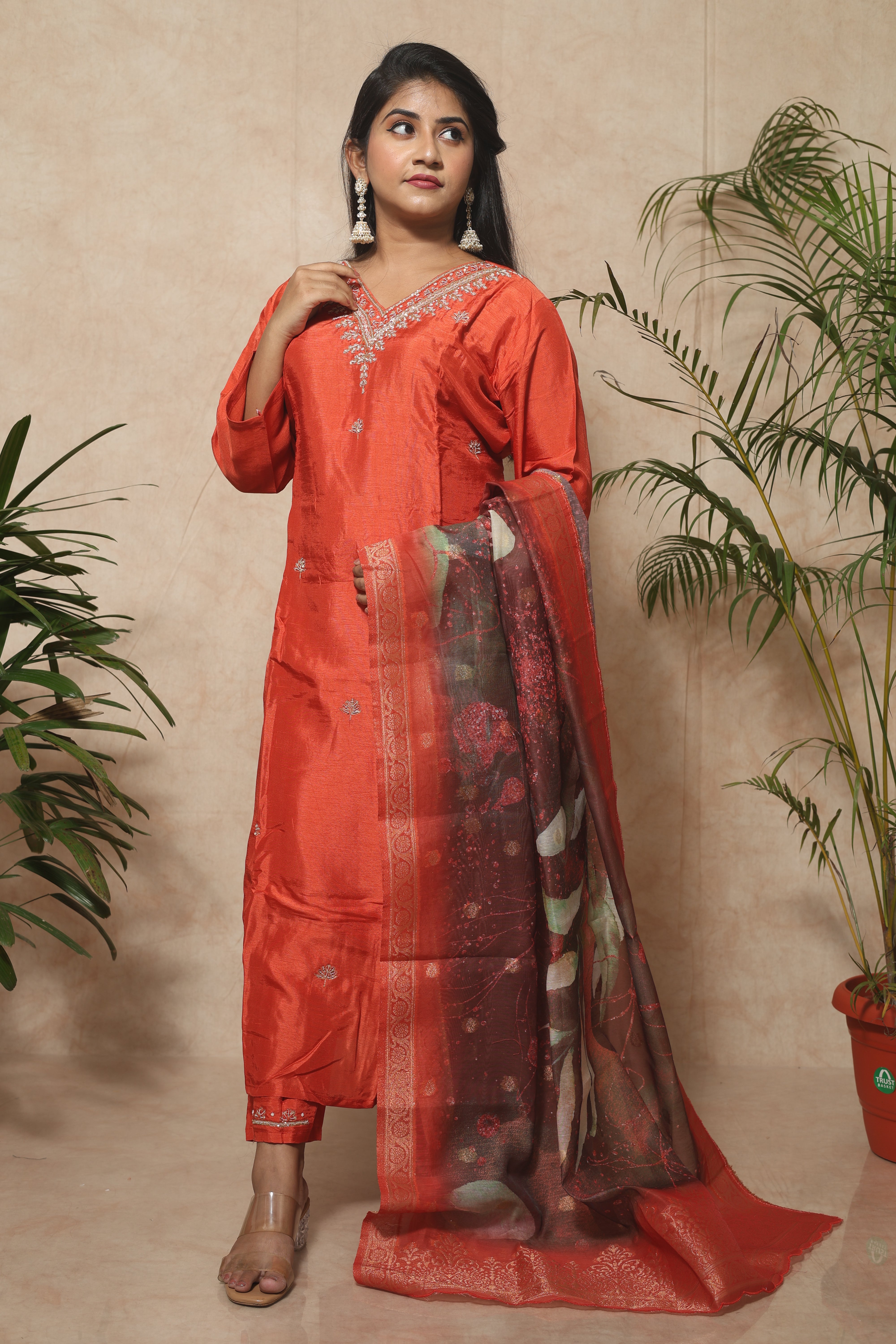 Safron Color Handwork Dola Silk Suit Set