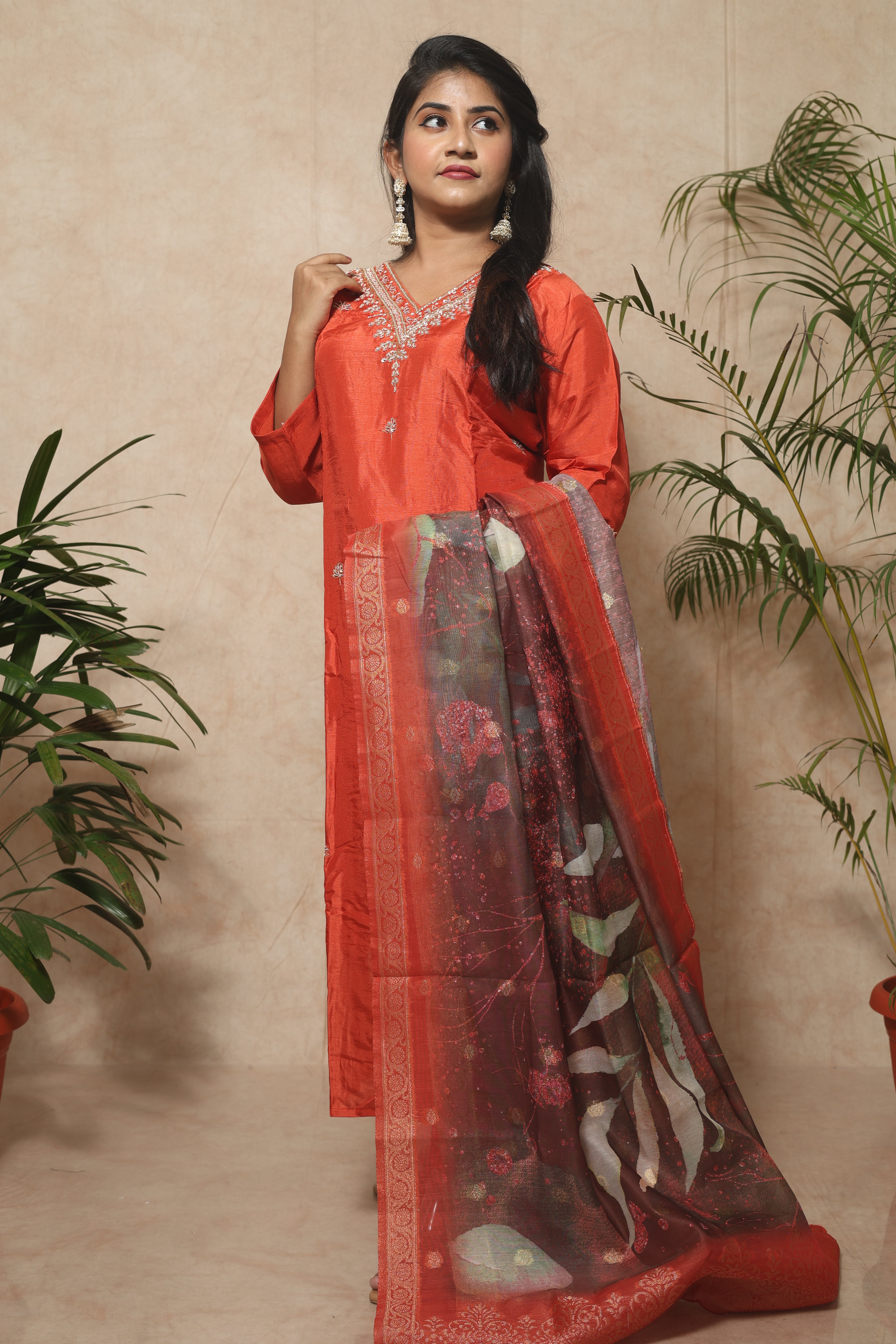 Safron Color Handwork Dola Silk Suit Set
