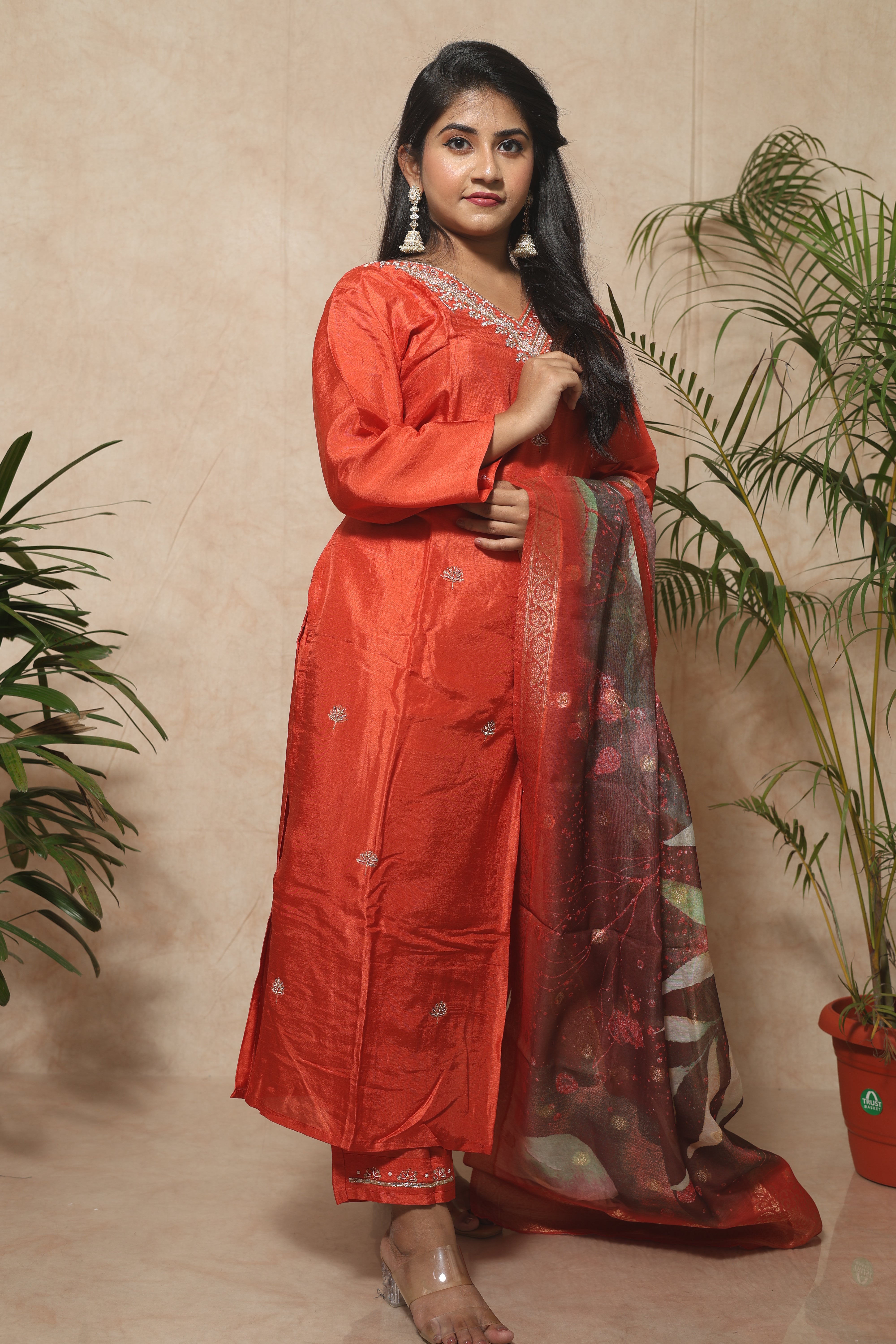 Safron Color Handwork Dola Silk Suit Set