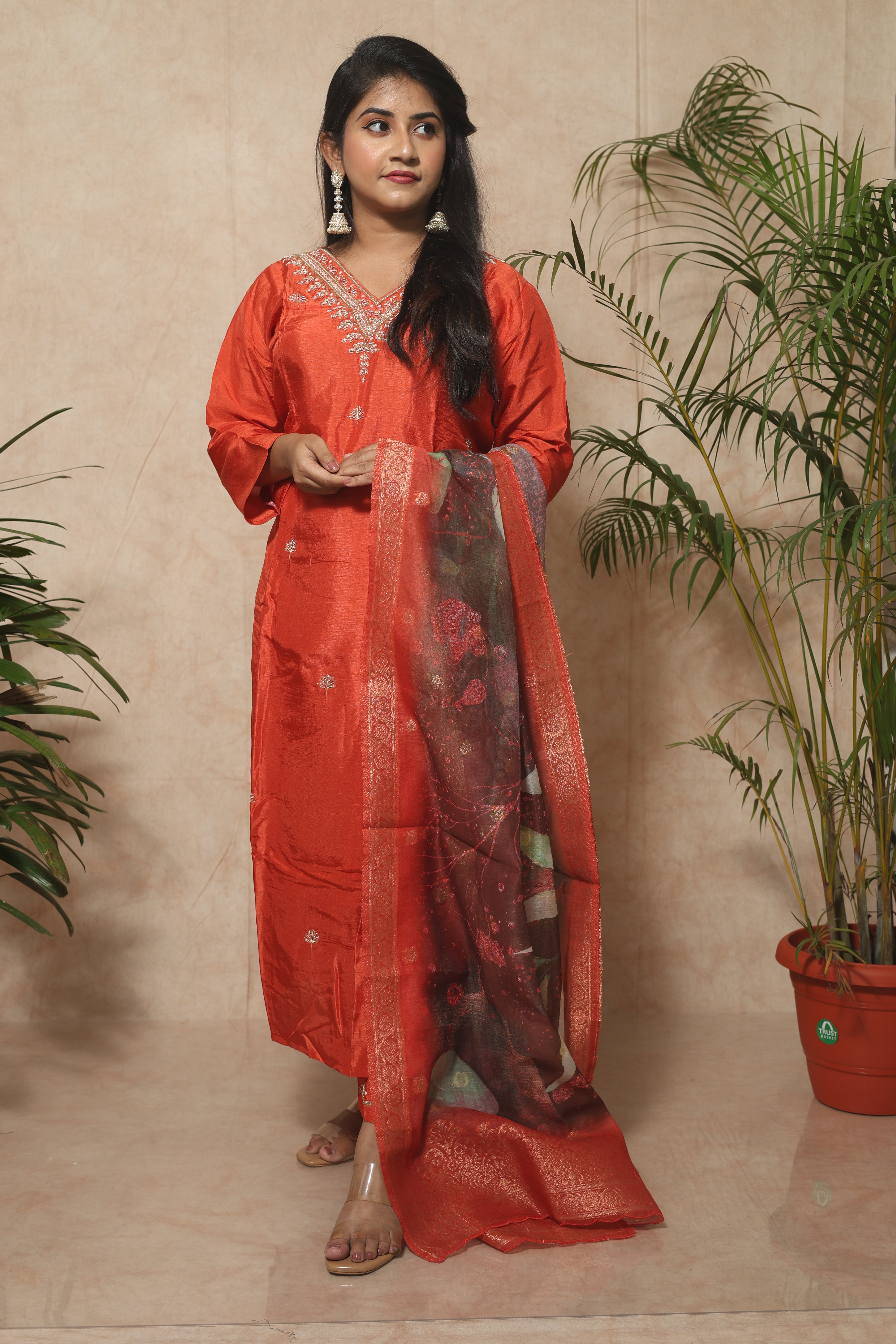 Safron Color Handwork Dola Silk Suit Set